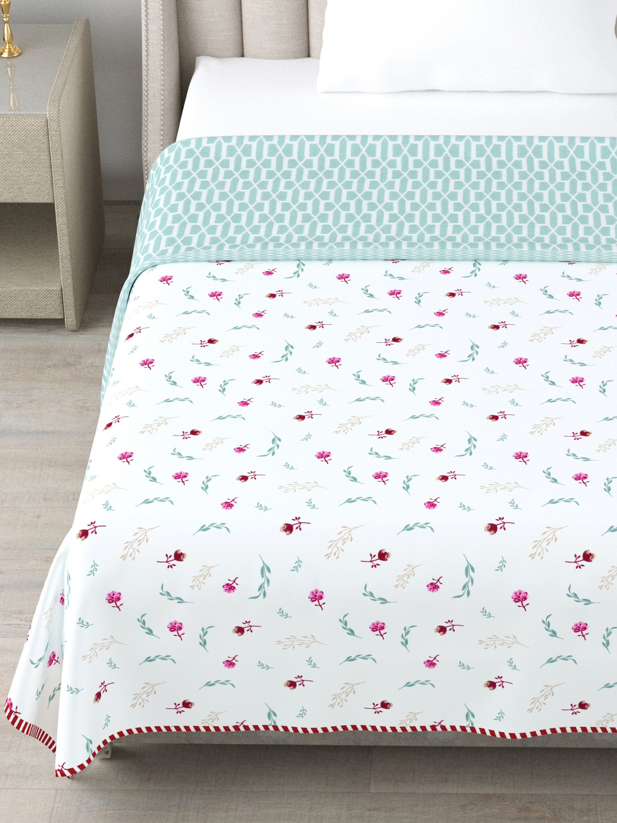 Living Roots Hand Block Geometric Floral Printed | Single Bed Dohar Lightweight For Summer Mild Winters AC Reversible Soft Comforter | No Colour Bleeding, Teal Colour, 56*86 inches, 150TC (11-025-B)