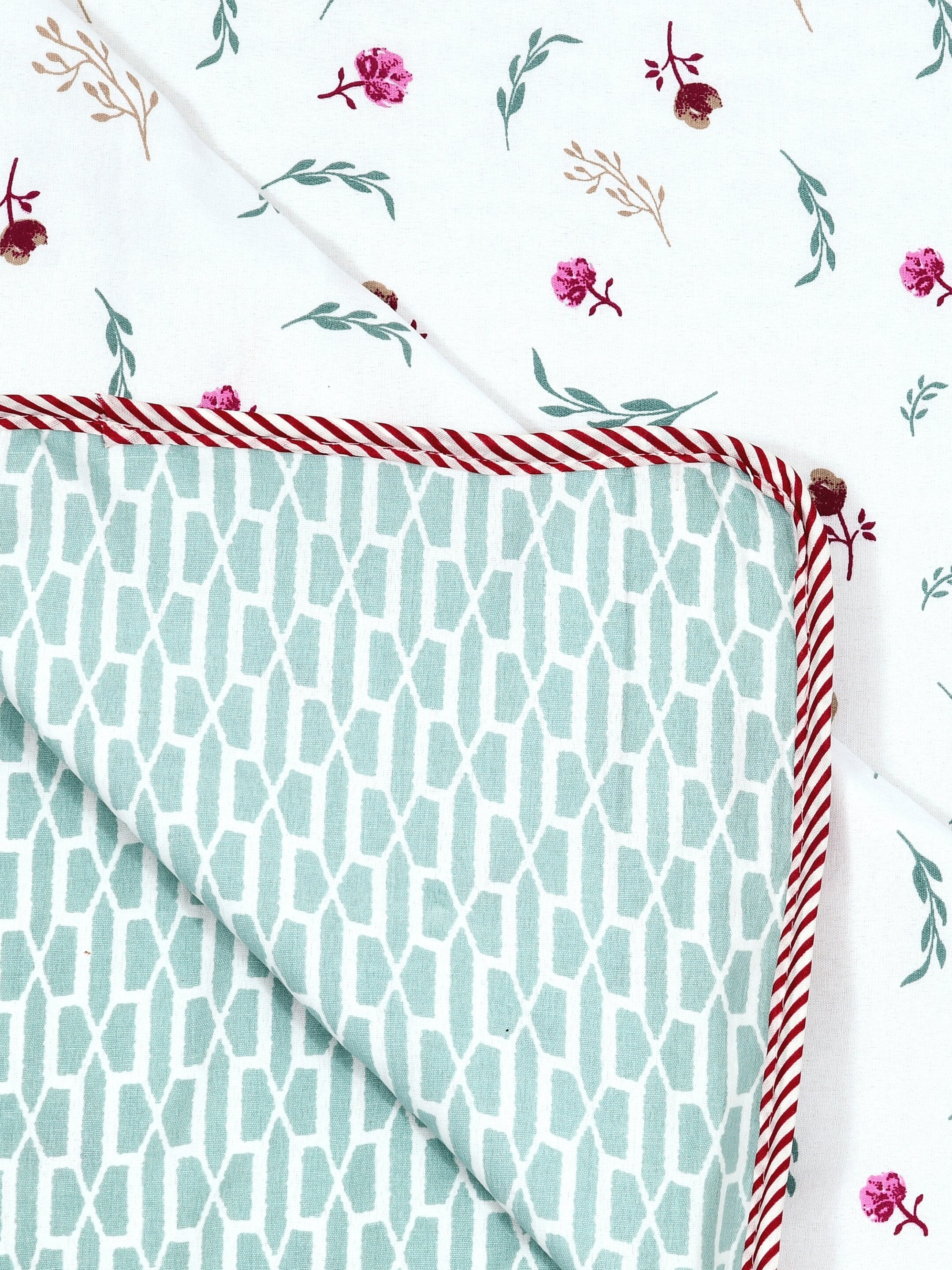 Living Roots Hand Block Geometric Floral Printed | Single Bed Dohar Lightweight For Summer Mild Winters AC Reversible Soft Comforter | No Colour Bleeding, Teal Colour, 56*86 inches, 150TC (11-025-B)