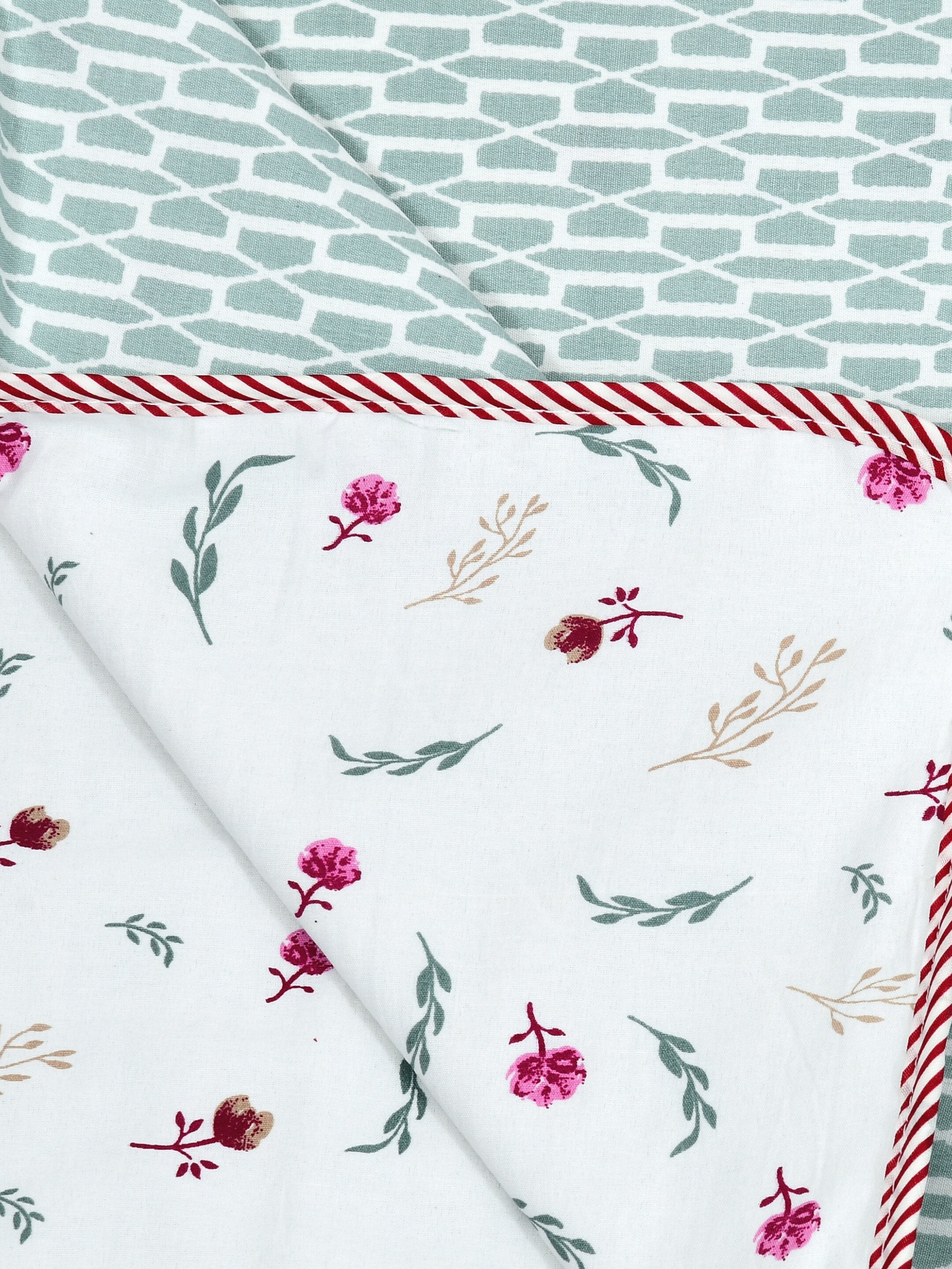 Living Roots Hand Block Geometric Floral Printed | Single Bed Dohar Lightweight For Summer Mild Winters AC Reversible Soft Comforter | No Colour Bleeding, Teal Colour, 56*86 inches, 150TC (11-025-B)