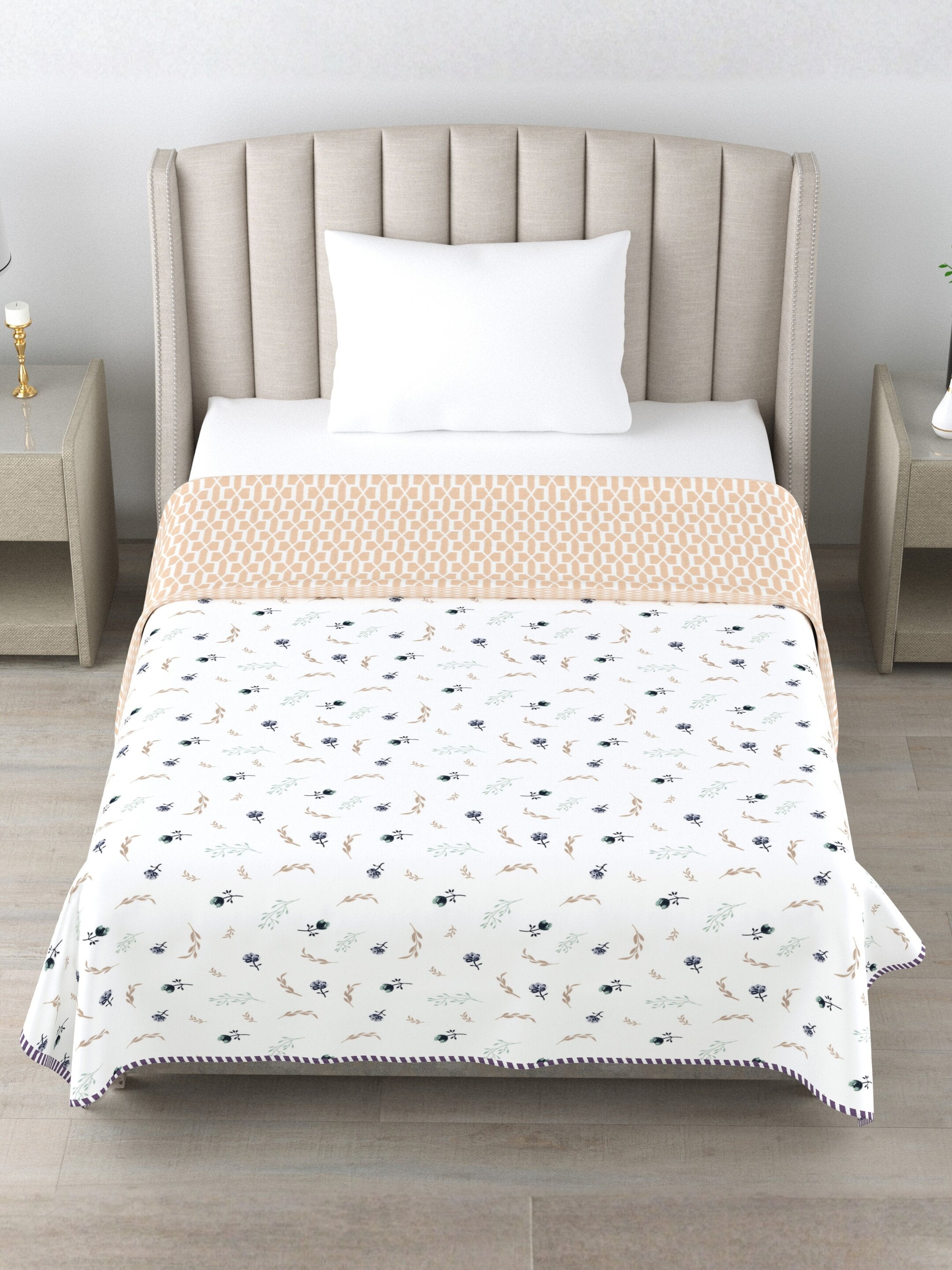 Living Roots Hand Block Geometric Floral Printed | Single Bed Dohar Lightweight For Summer Mild Winters AC Reversible Soft Comforter | No Colour Bleeding, Peach Colour, 56*86 inches, 150TC (11-025-C)