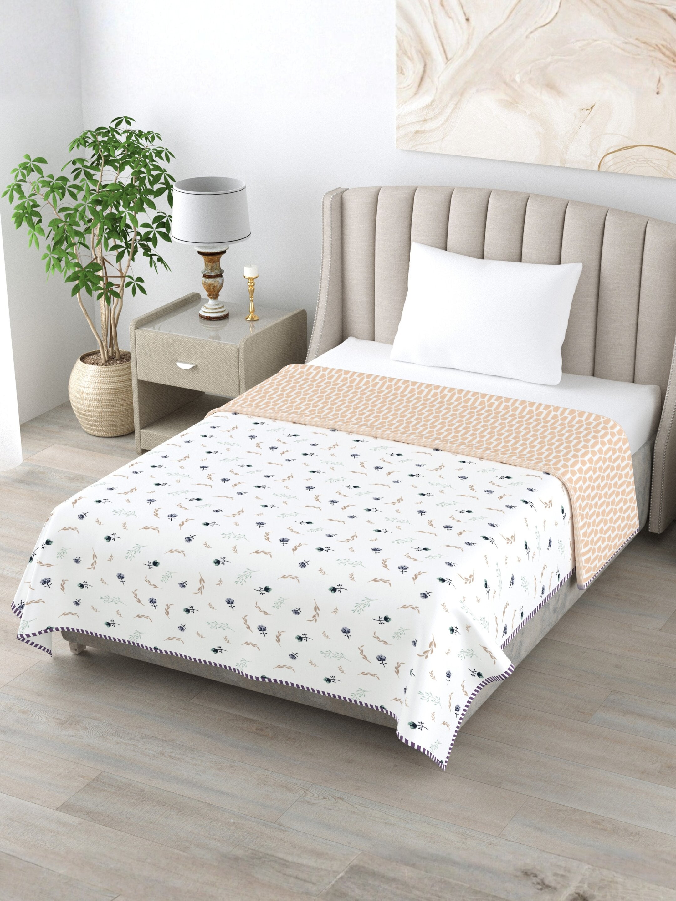 Living Roots Hand Block Geometric Floral Printed | Single Bed Dohar Lightweight For Summer Mild Winters AC Reversible Soft Comforter | No Colour Bleeding, Peach Colour, 56*86 inches, 150TC (11-025-C)