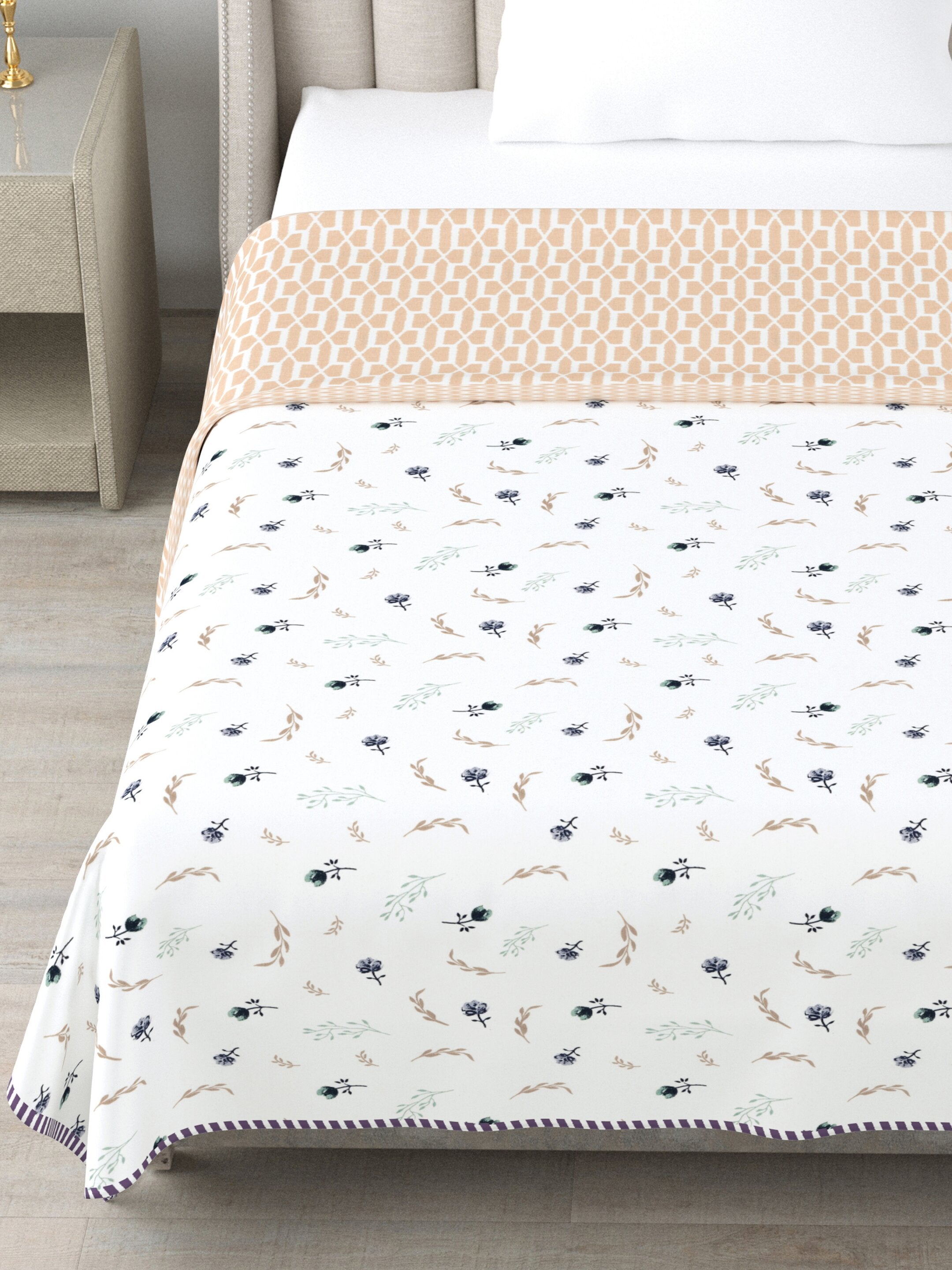 Living Roots Hand Block Geometric Floral Printed | Single Bed Dohar Lightweight For Summer Mild Winters AC Reversible Soft Comforter | No Colour Bleeding, Peach Colour, 56*86 inches, 150TC (11-025-C)