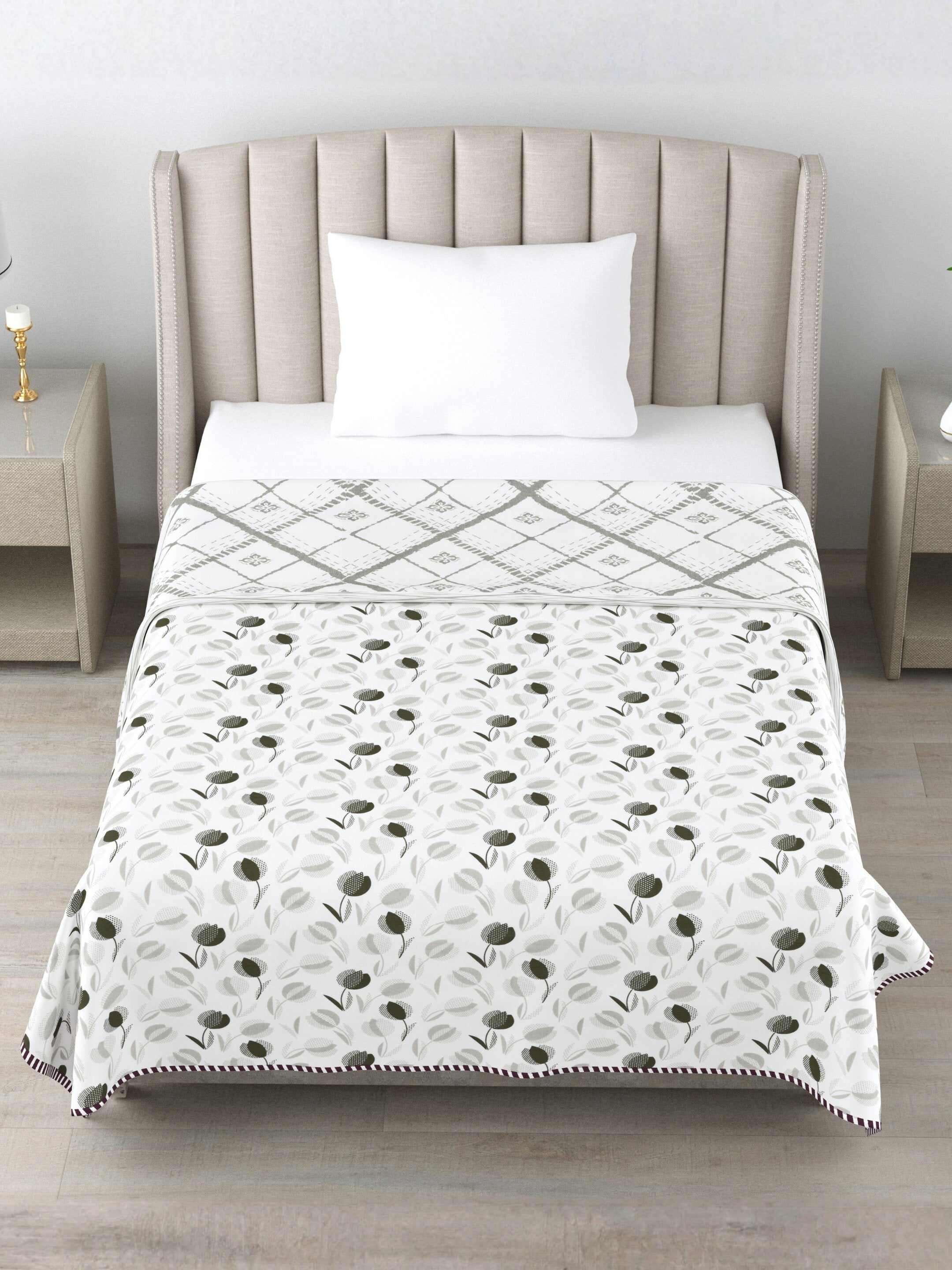 Living Roots Hand Block Geometric Floral Printed | Single Bed Dohar Lightweight For Summer Mild Winters AC Reversible Soft Comforter | No Colour Bleeding, Grey Colour, 56*86 inches, 150TC (11-026-A)