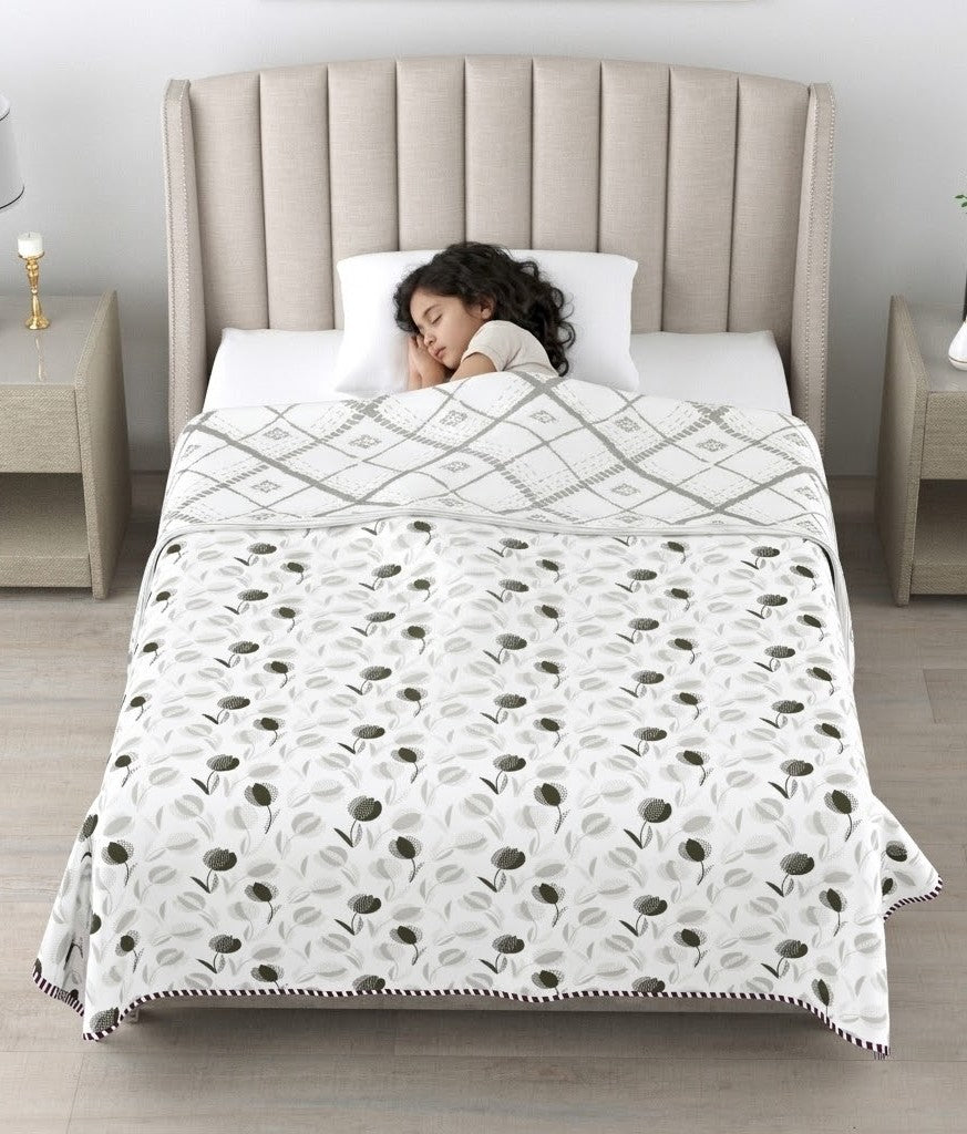 Living Roots Hand Block Geometric Floral Printed | Single Bed Dohar Lightweight For Summer Mild Winters AC Reversible Soft Comforter | No Colour Bleeding, Grey Colour, 56*86 inches, 150TC (11-026-A)