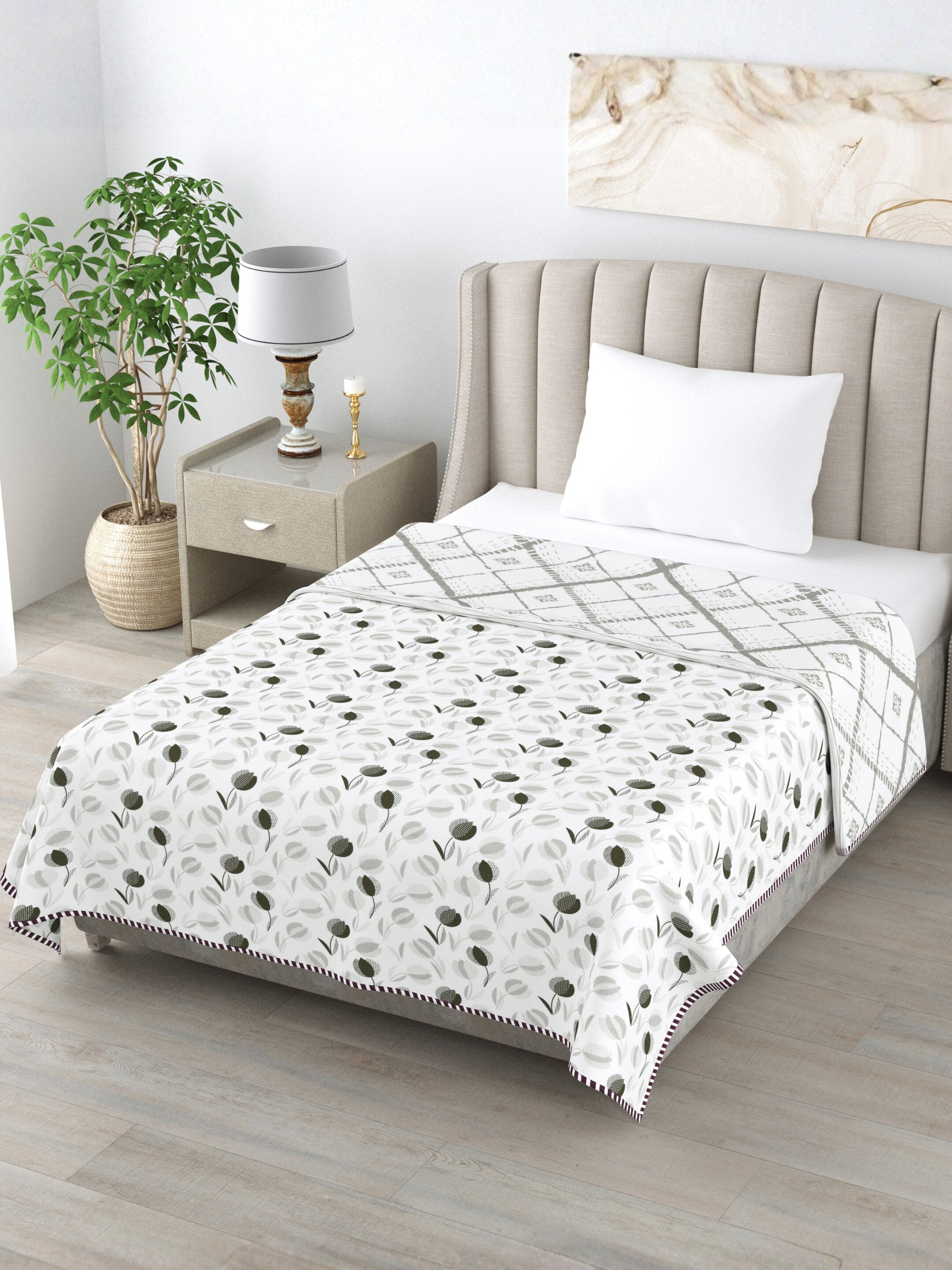 Living Roots Hand Block Geometric Floral Printed | Single Bed Dohar Lightweight For Summer Mild Winters AC Reversible Soft Comforter | No Colour Bleeding, Grey Colour, 56*86 inches, 150TC (11-026-A)