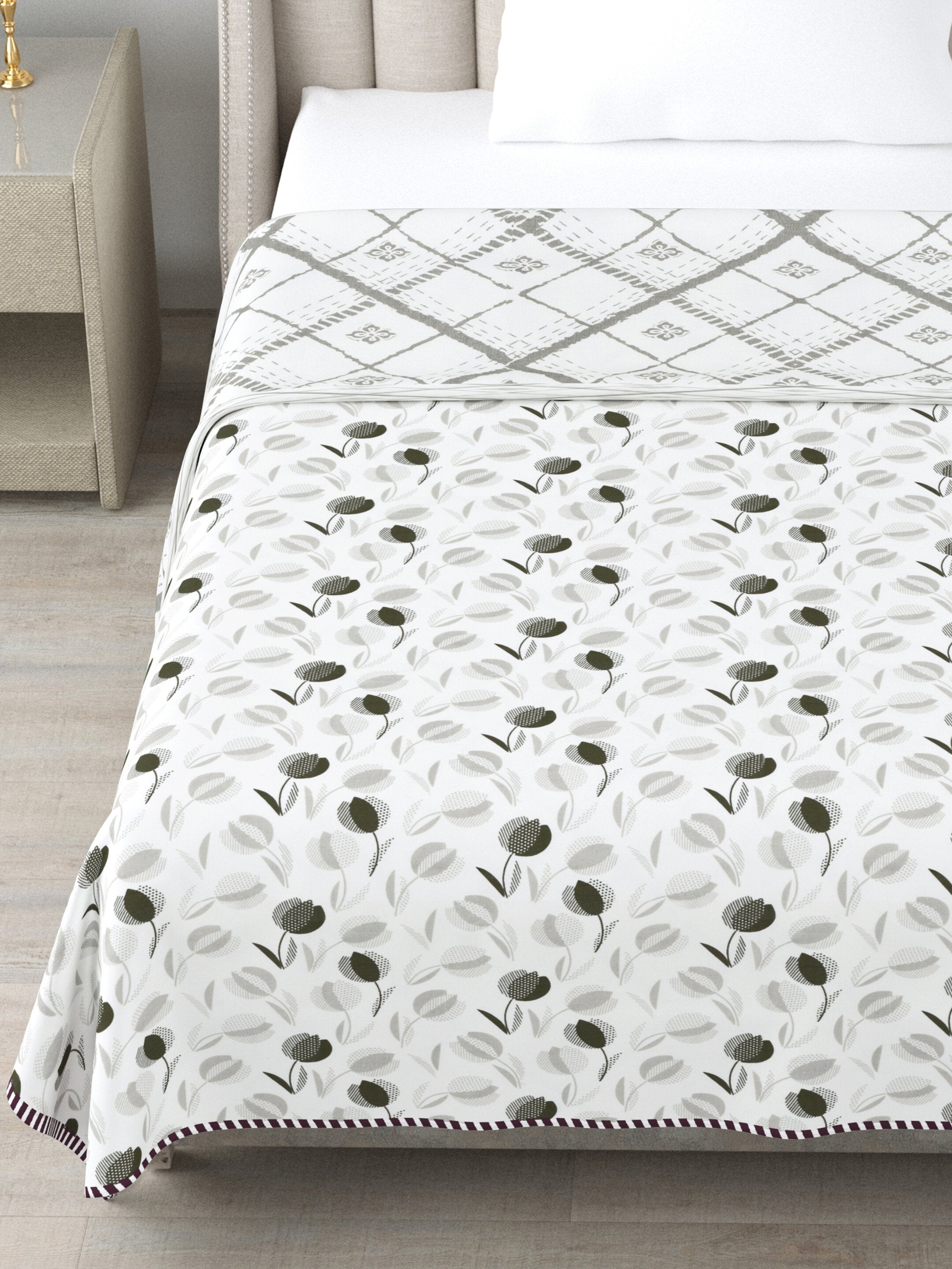 Living Roots Hand Block Geometric Floral Printed | Single Bed Dohar Lightweight For Summer Mild Winters AC Reversible Soft Comforter | No Colour Bleeding, Grey Colour, 56*86 inches, 150TC (11-026-A)