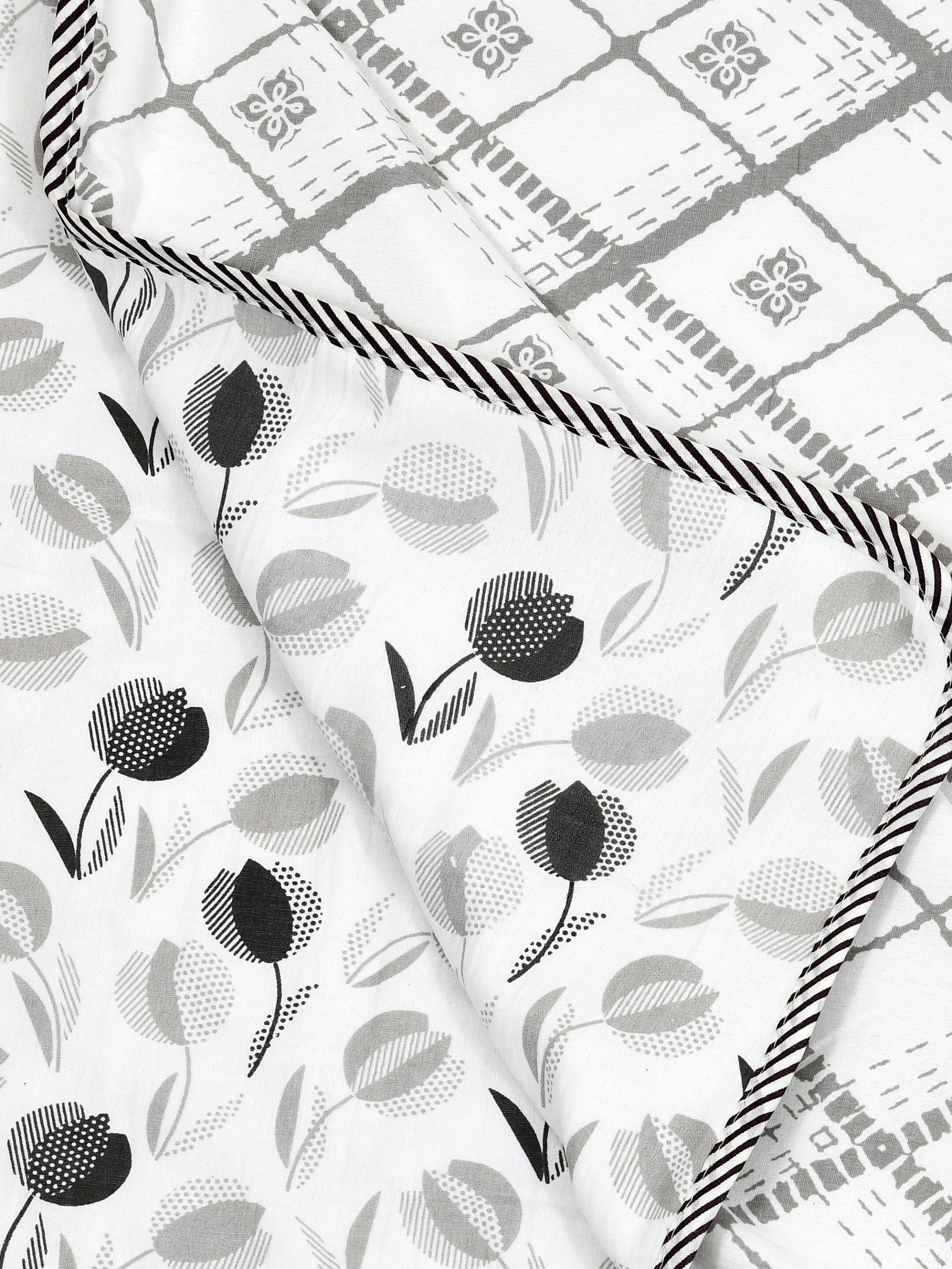 Living Roots Hand Block Geometric Floral Printed | Single Bed Dohar Lightweight For Summer Mild Winters AC Reversible Soft Comforter | No Colour Bleeding, Grey Colour, 56*86 inches, 150TC (11-026-A)