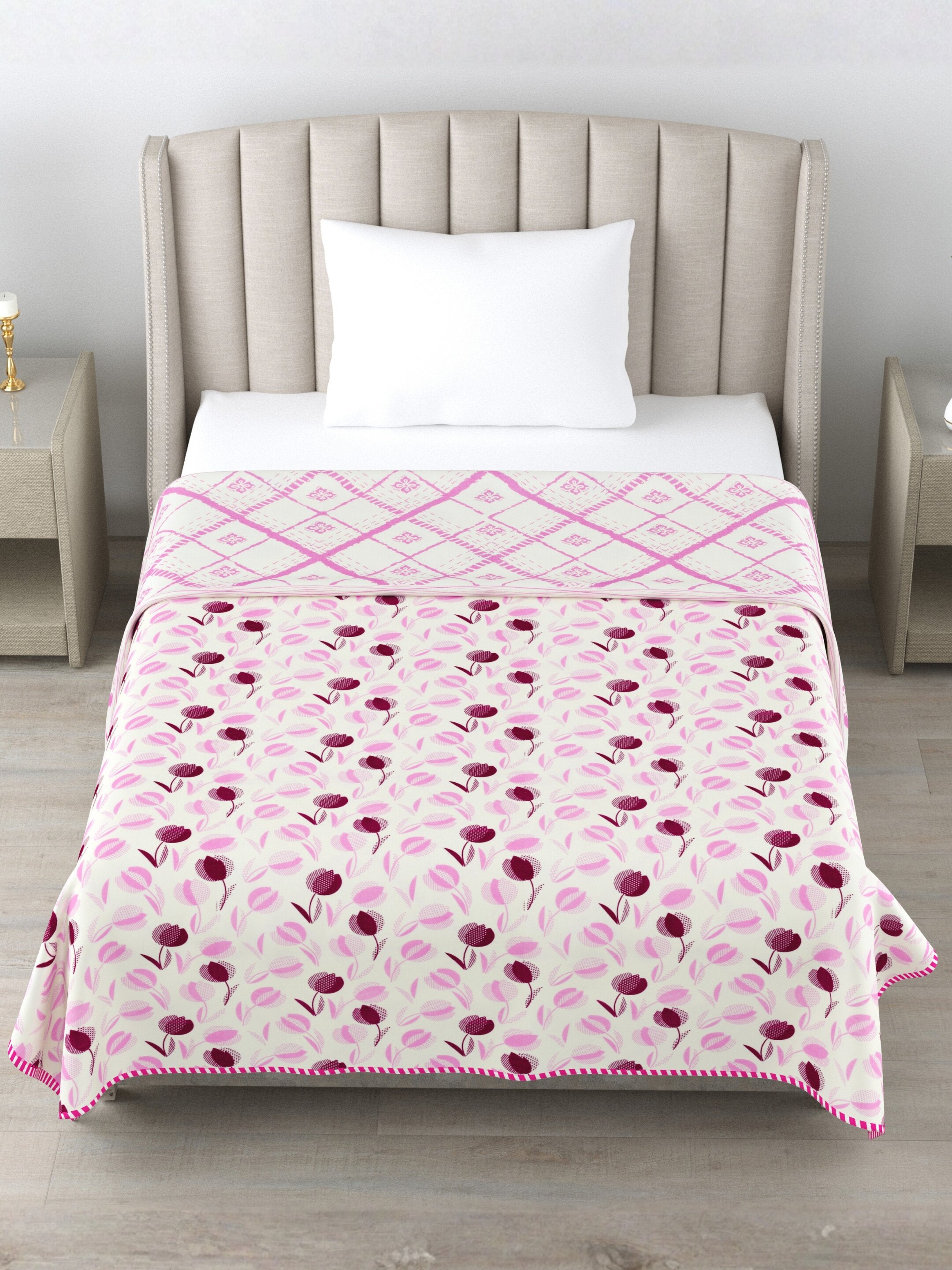 Living Roots Hand Block Geometric Floral Printed | Single Bed Dohar Lightweight For Summer Mild Winters AC Reversible Soft Comforter | No Colour Bleeding, Pink Colour, 56*86 inches, 150TC (11-026-B)