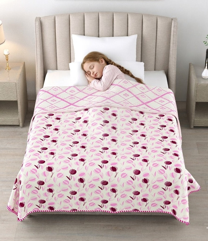 Living Roots Hand Block Geometric Floral Printed | Single Bed Dohar Lightweight For Summer Mild Winters AC Reversible Soft Comforter | No Colour Bleeding, Pink Colour, 56*86 inches, 150TC (11-026-B)
