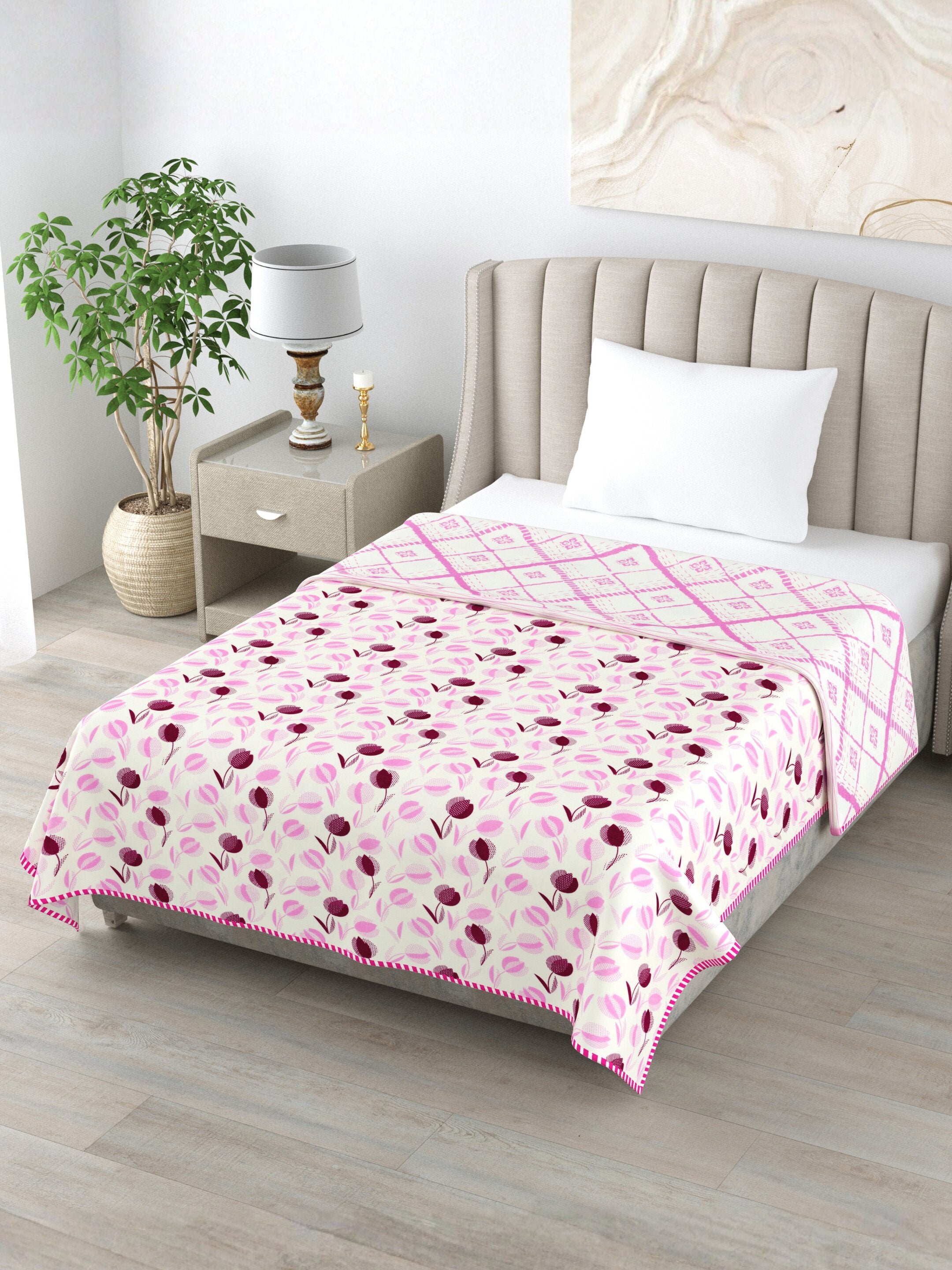 Living Roots Hand Block Geometric Floral Printed | Single Bed Dohar Lightweight For Summer Mild Winters AC Reversible Soft Comforter | No Colour Bleeding, Pink Colour, 56*86 inches, 150TC (11-026-B)