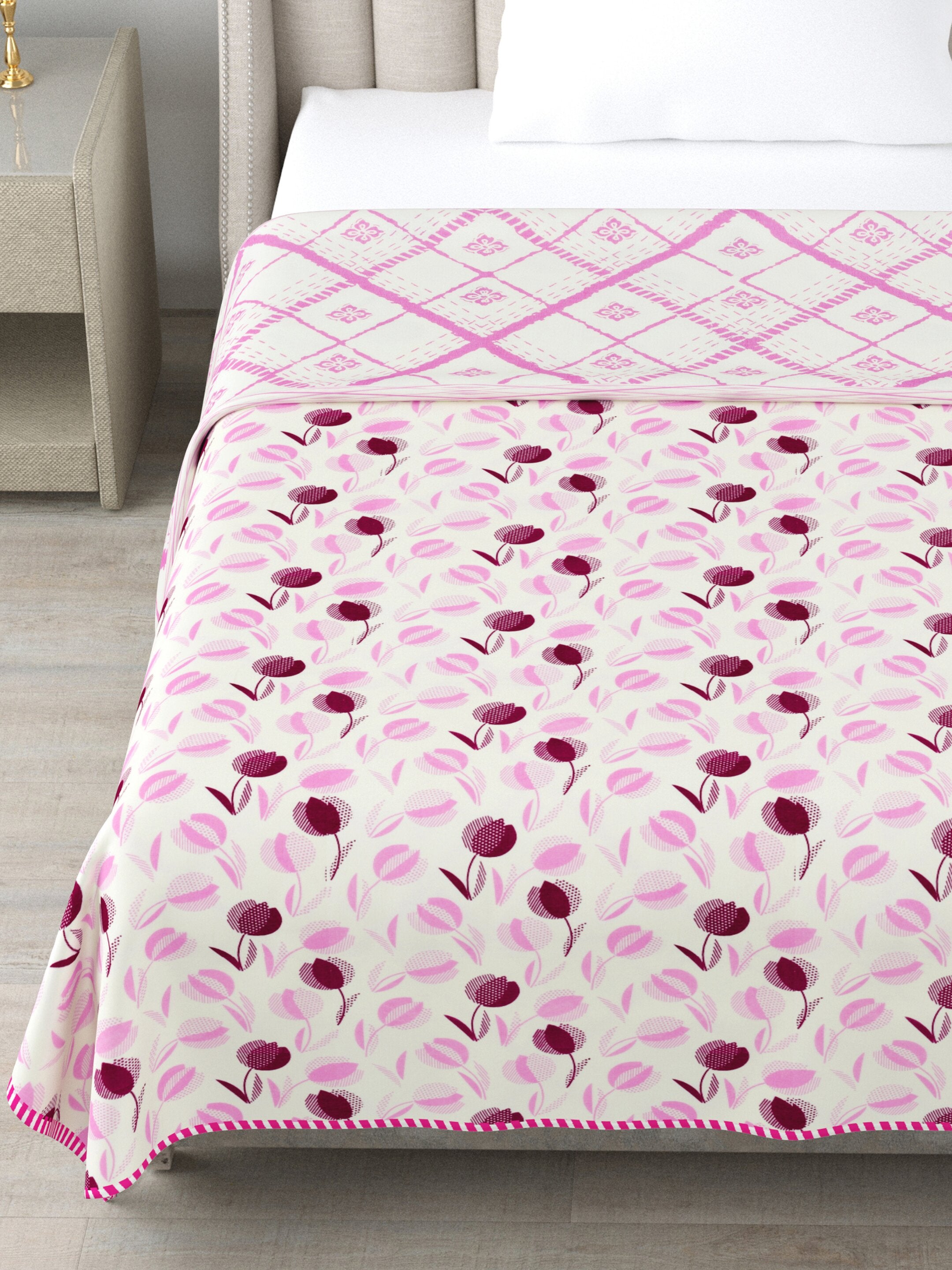 Living Roots Hand Block Geometric Floral Printed | Single Bed Dohar Lightweight For Summer Mild Winters AC Reversible Soft Comforter | No Colour Bleeding, Pink Colour, 56*86 inches, 150TC (11-026-B)