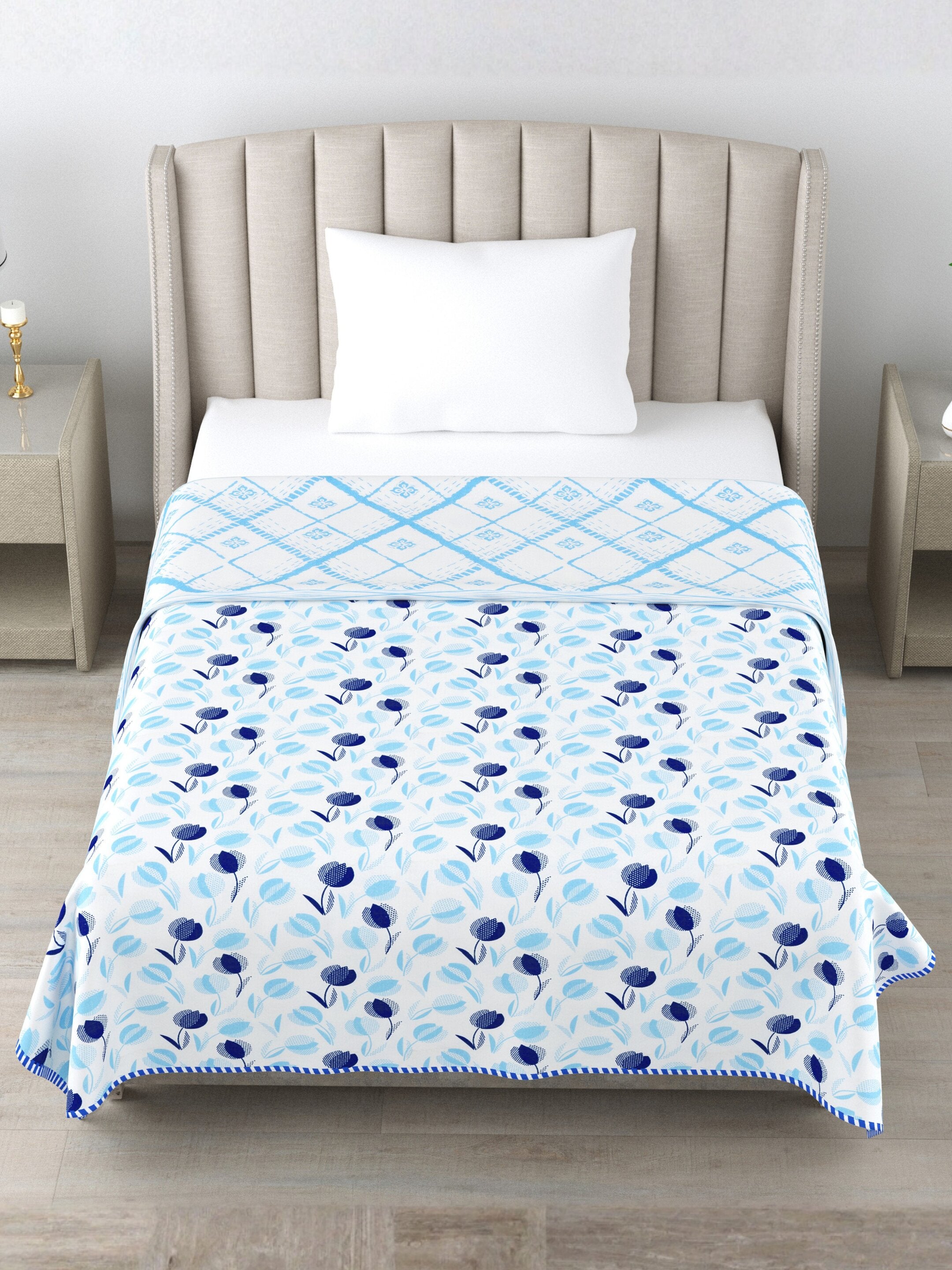 Living Roots Hand Block Geometric Printed | Single Bed Dohar Lightweight For Summer Mild Winters AC Reversible Soft Comforter | No Colour Bleeding, Sky Blue Colour, 56*86 inches, 150TC (11-026-C)