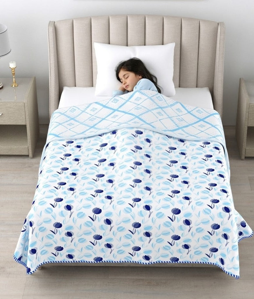 Living Roots Hand Block Geometric Printed | Single Bed Dohar Lightweight For Summer Mild Winters AC Reversible Soft Comforter | No Colour Bleeding, Sky Blue Colour, 56*86 inches, 150TC (11-026-C)