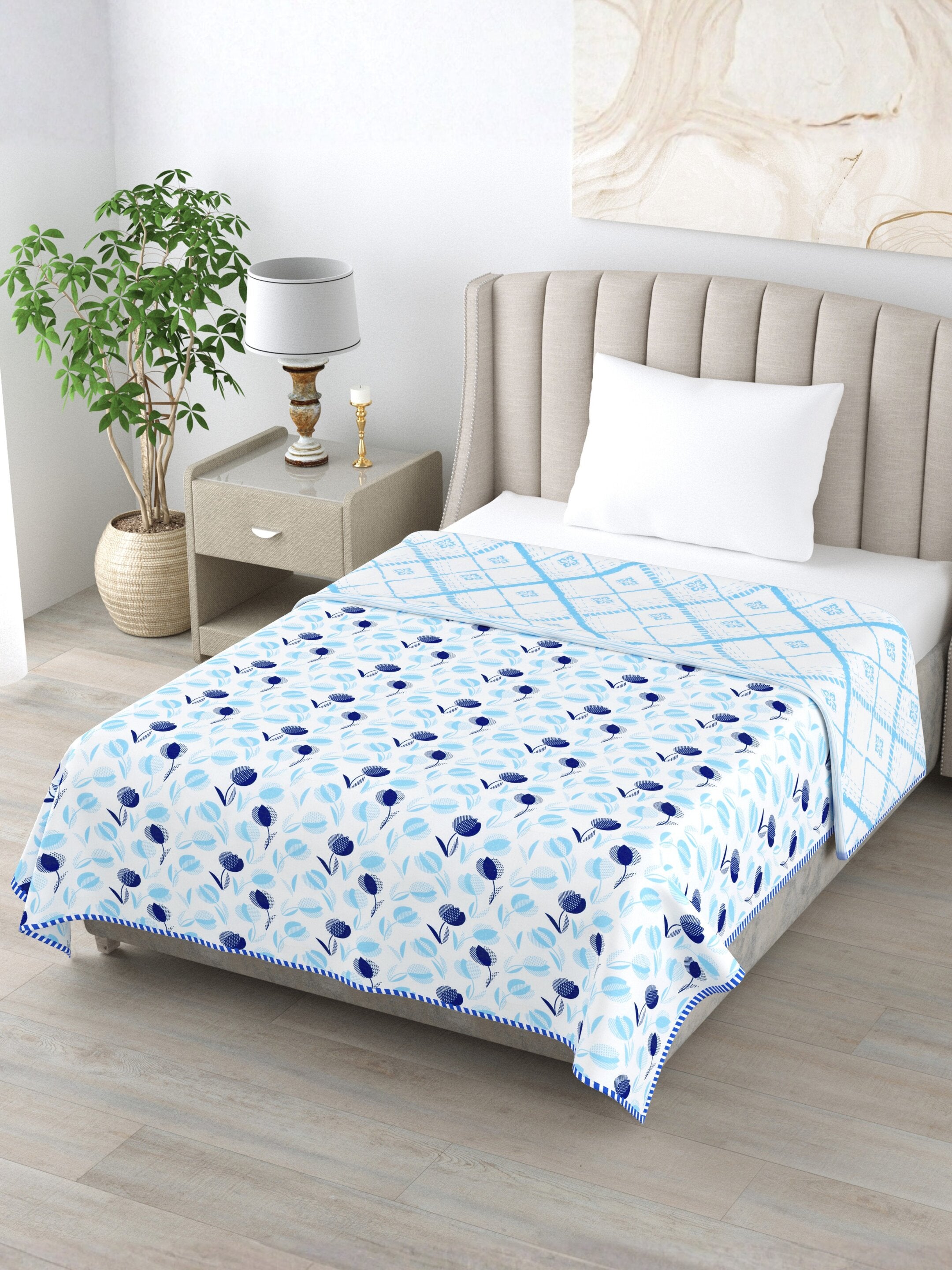Living Roots Hand Block Geometric Printed | Single Bed Dohar Lightweight For Summer Mild Winters AC Reversible Soft Comforter | No Colour Bleeding, Sky Blue Colour, 56*86 inches, 150TC (11-026-C)