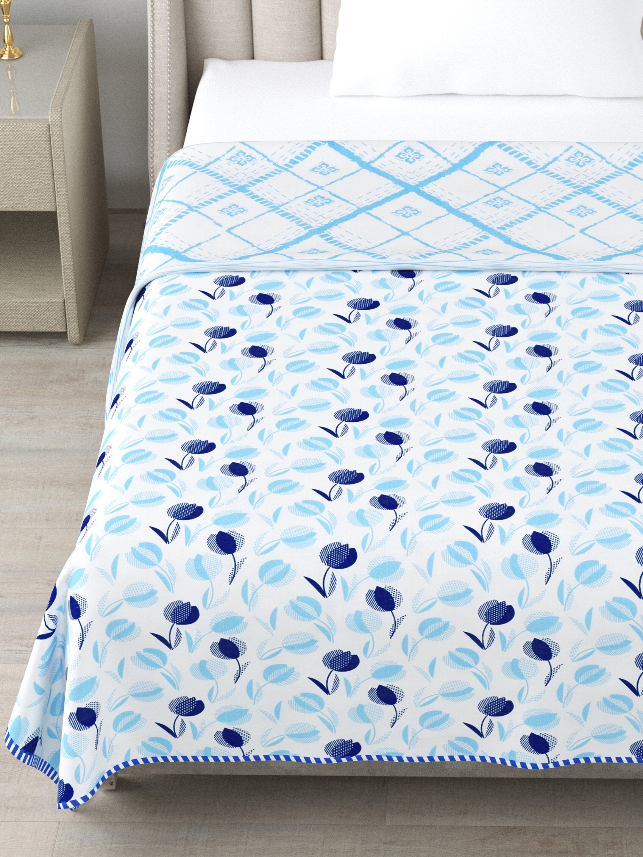 Living Roots Hand Block Geometric Printed | Single Bed Dohar Lightweight For Summer Mild Winters AC Reversible Soft Comforter | No Colour Bleeding, Sky Blue Colour, 56*86 inches, 150TC (11-026-C)