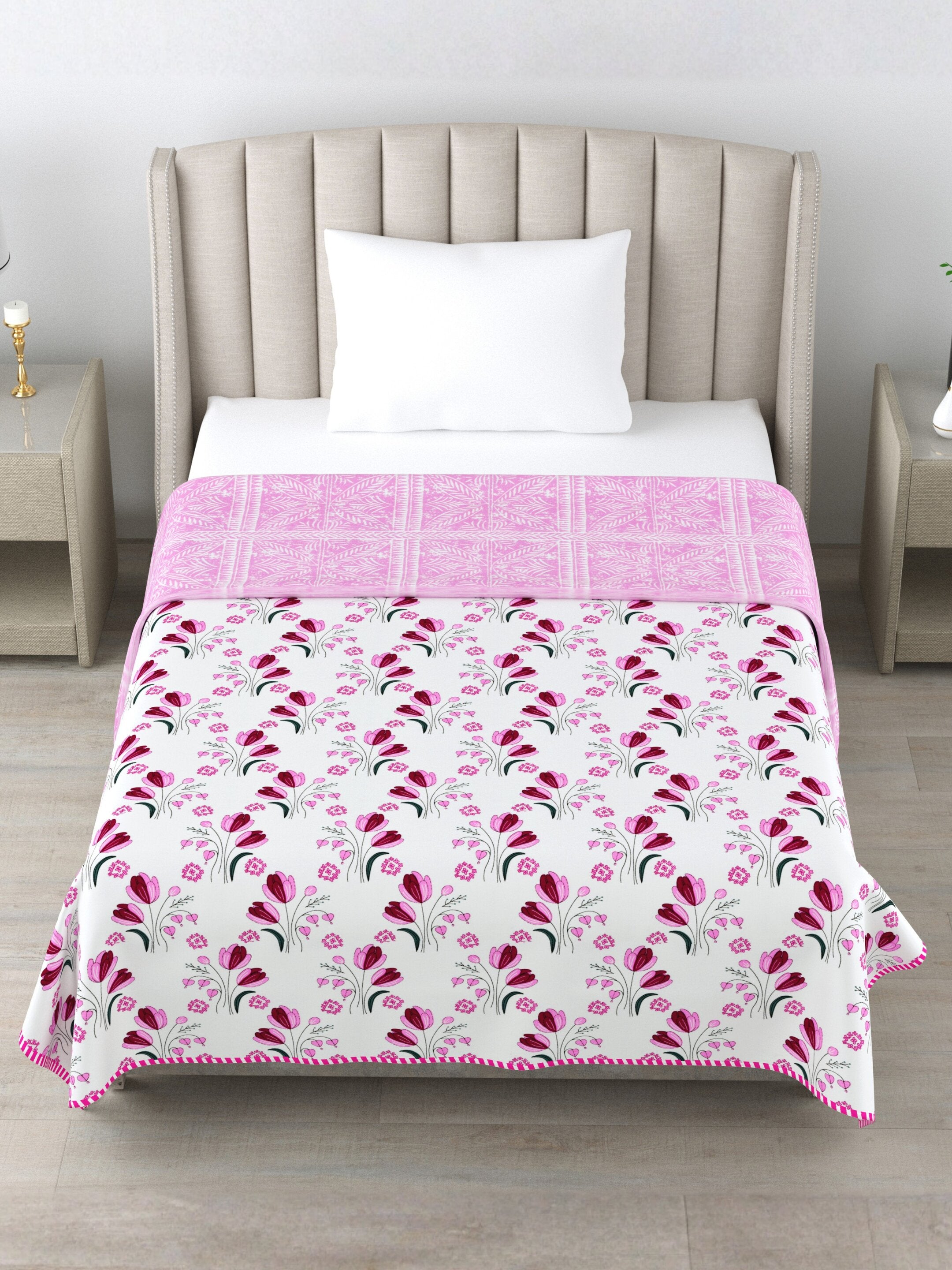Living Roots Hand Block Geometric Printed | Single Bed Dohar Lightweight For Summer Mild Winters AC Reversible Soft Comforter | No Colour Bleeding, Pink Colour, 56*86 inches, 150TC (11-027-A)