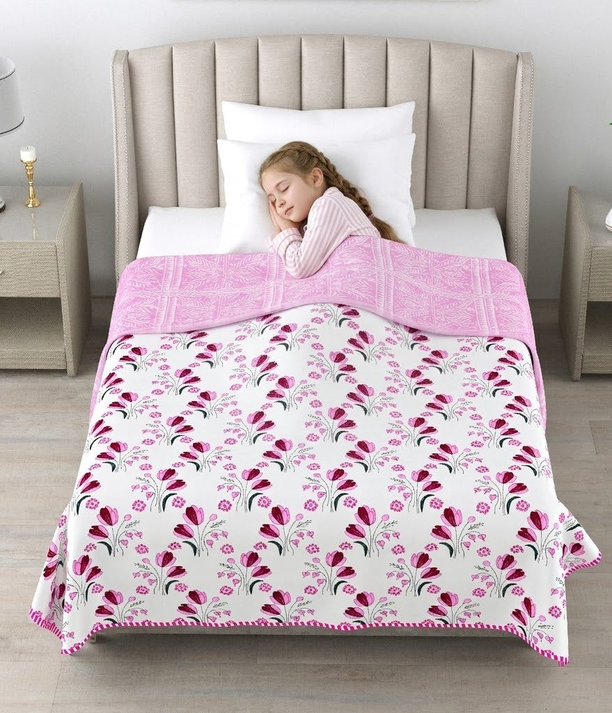 Living Roots Hand Block Geometric Printed | Single Bed Dohar Lightweight For Summer Mild Winters AC Reversible Soft Comforter | No Colour Bleeding, Pink Colour, 56*86 inches, 150TC (11-027-A)