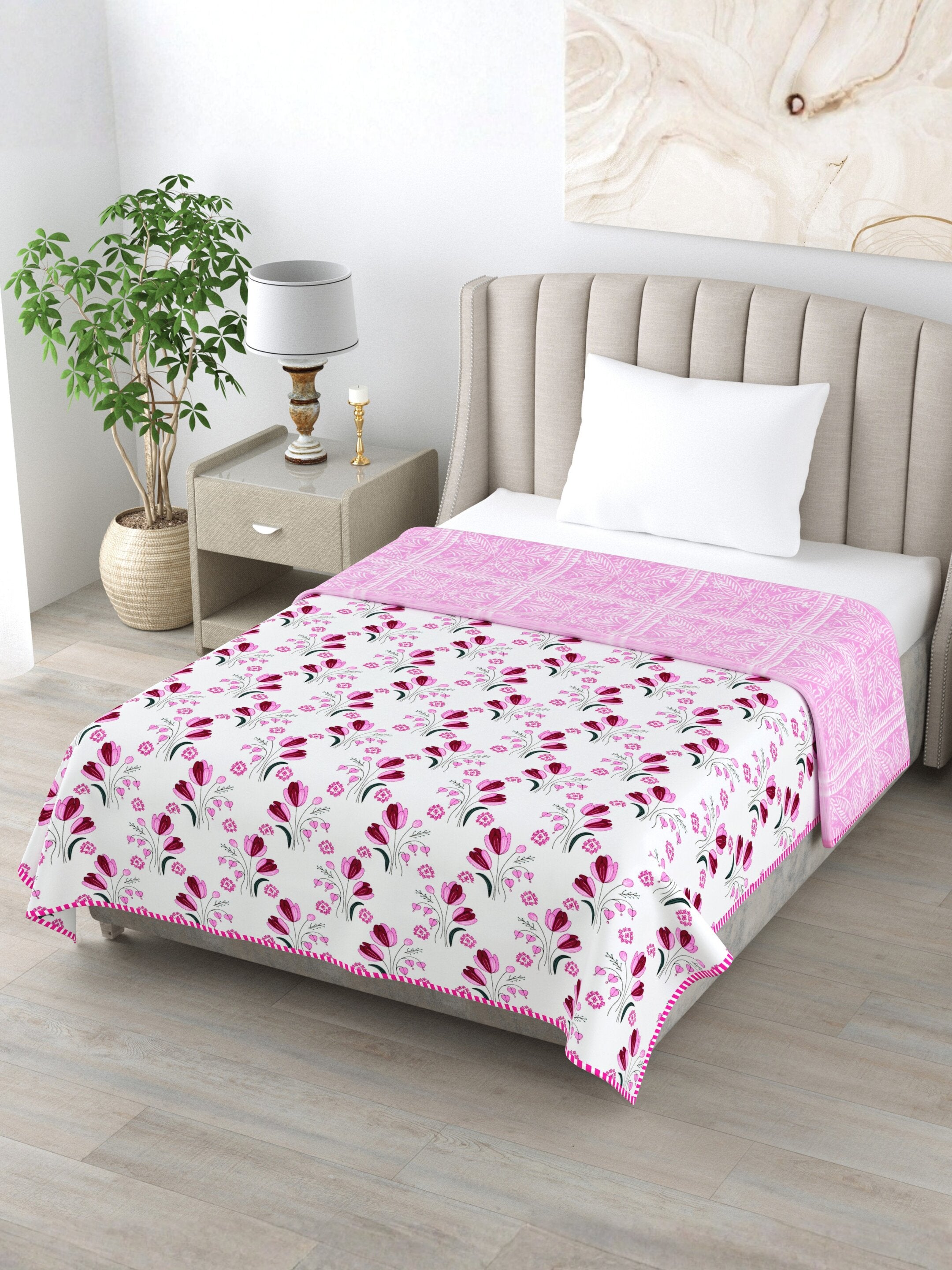 Living Roots Hand Block Geometric Printed | Single Bed Dohar Lightweight For Summer Mild Winters AC Reversible Soft Comforter | No Colour Bleeding, Pink Colour, 56*86 inches, 150TC (11-027-A)