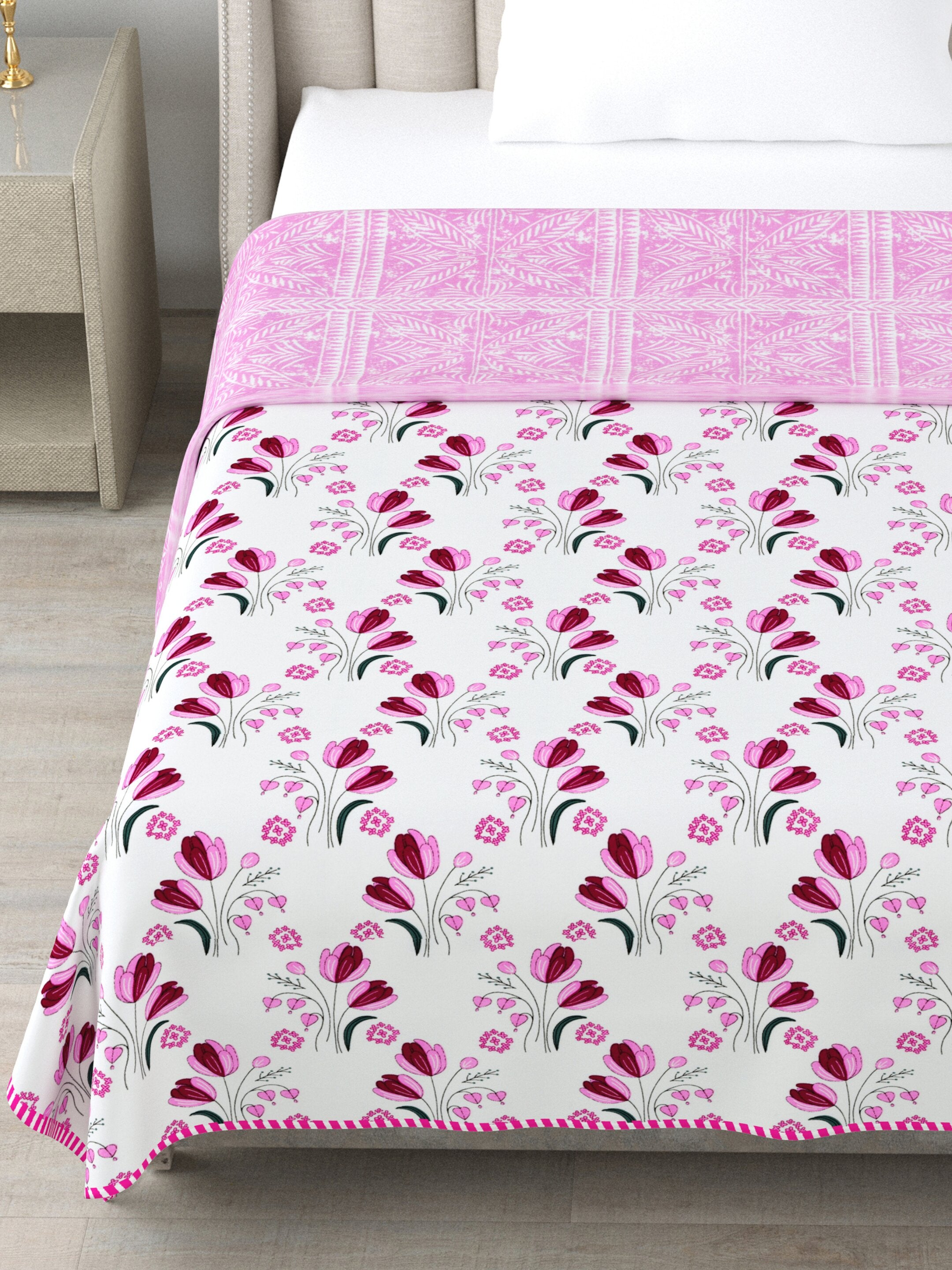 Living Roots Hand Block Geometric Printed | Single Bed Dohar Lightweight For Summer Mild Winters AC Reversible Soft Comforter | No Colour Bleeding, Pink Colour, 56*86 inches, 150TC (11-027-A)