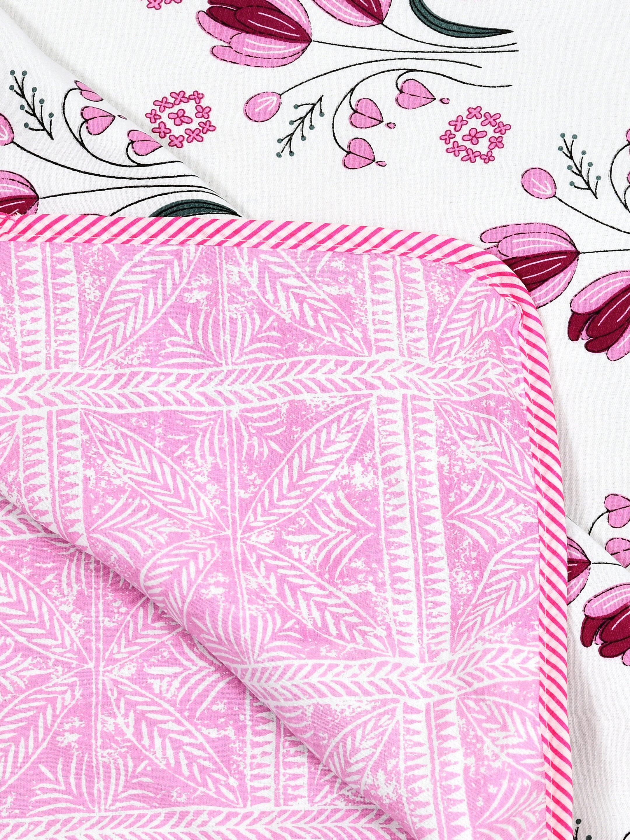 Living Roots Hand Block Geometric Printed | Single Bed Dohar Lightweight For Summer Mild Winters AC Reversible Soft Comforter | No Colour Bleeding, Pink Colour, 56*86 inches, 150TC (11-027-A)