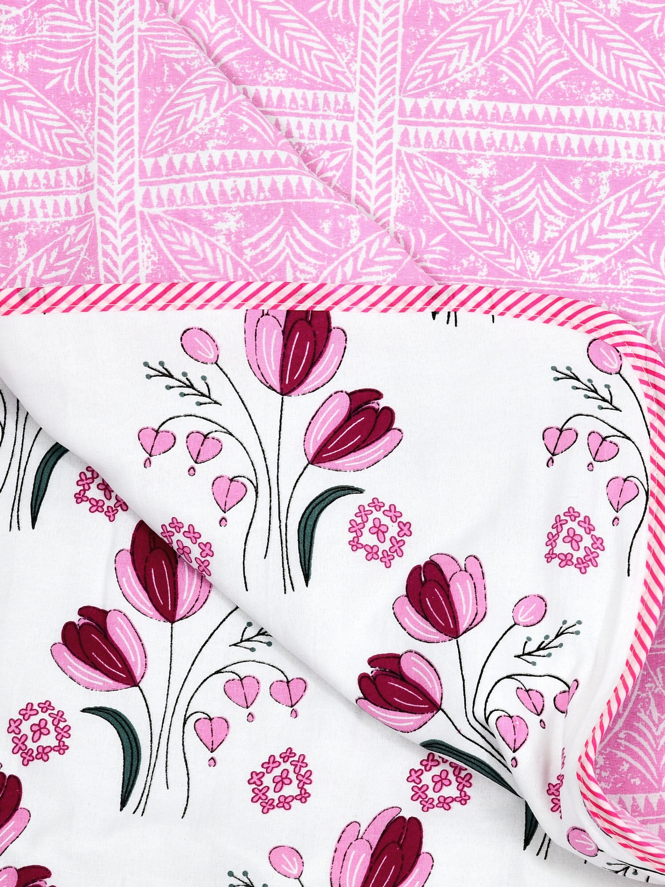 Living Roots Hand Block Geometric Printed | Single Bed Dohar Lightweight For Summer Mild Winters AC Reversible Soft Comforter | No Colour Bleeding, Pink Colour, 56*86 inches, 150TC (11-027-A)