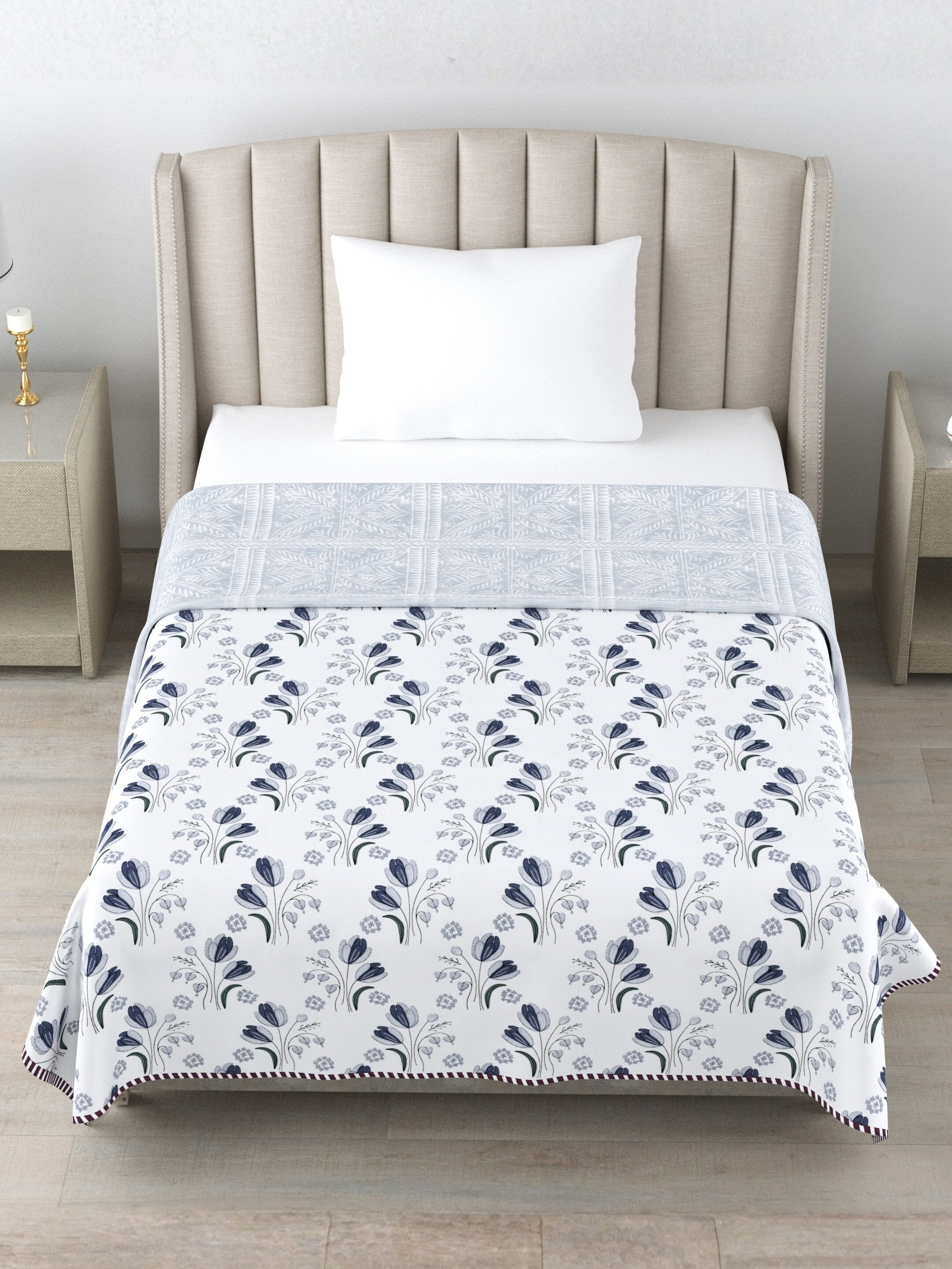 Living Roots Hand Block Geometric Printed | Single Bed Dohar Lightweight For Summer Mild Winters AC Reversible Soft Comforter | No Colour Bleeding, Grey Colour, 56*86 inches, 150TC (11-027-B)