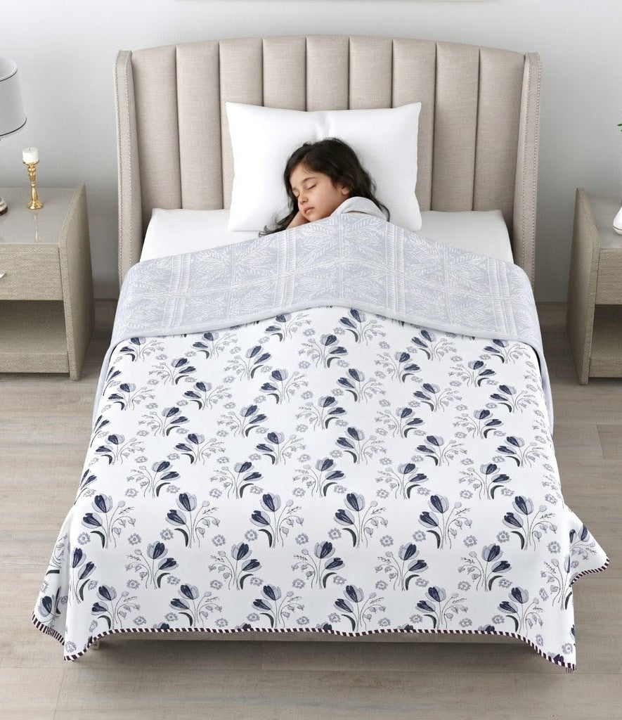 Living Roots Hand Block Geometric Printed | Single Bed Dohar Lightweight For Summer Mild Winters AC Reversible Soft Comforter | No Colour Bleeding, Grey Colour, 56*86 inches, 150TC (11-027-B)
