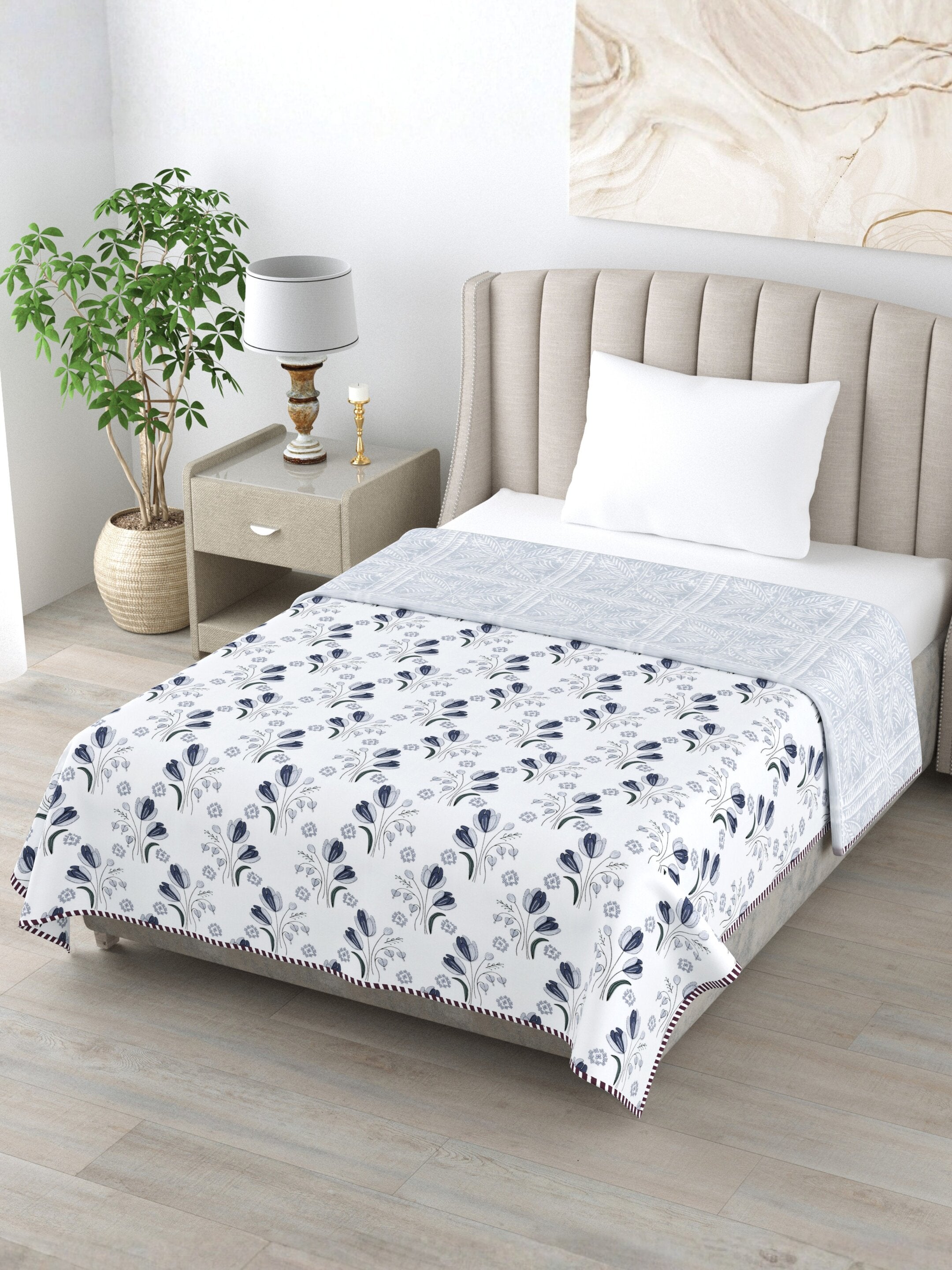 Living Roots Hand Block Geometric Printed | Single Bed Dohar Lightweight For Summer Mild Winters AC Reversible Soft Comforter | No Colour Bleeding, Grey Colour, 56*86 inches, 150TC (11-027-B)