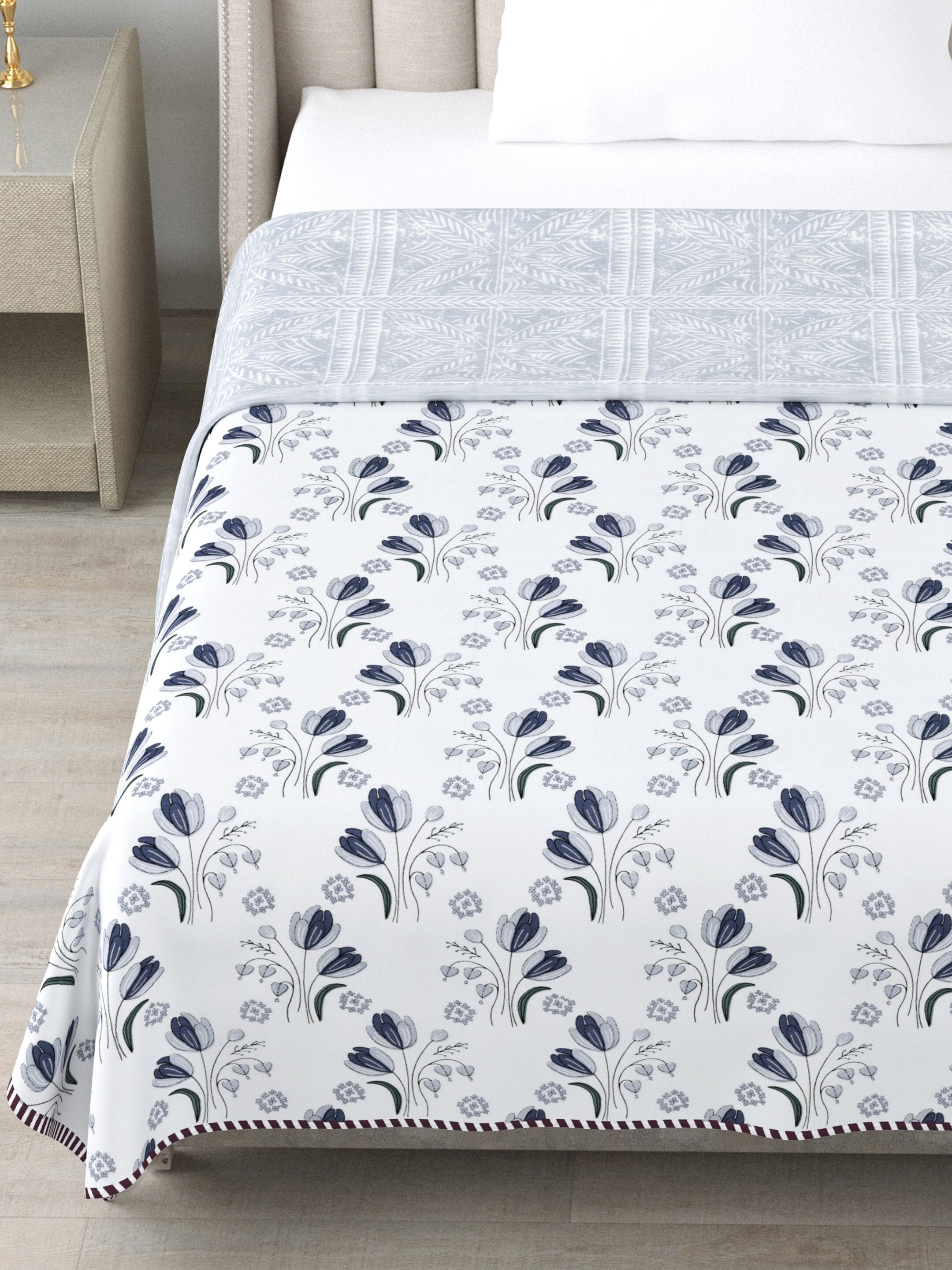 Living Roots Hand Block Geometric Printed | Single Bed Dohar Lightweight For Summer Mild Winters AC Reversible Soft Comforter | No Colour Bleeding, Grey Colour, 56*86 inches, 150TC (11-027-B)