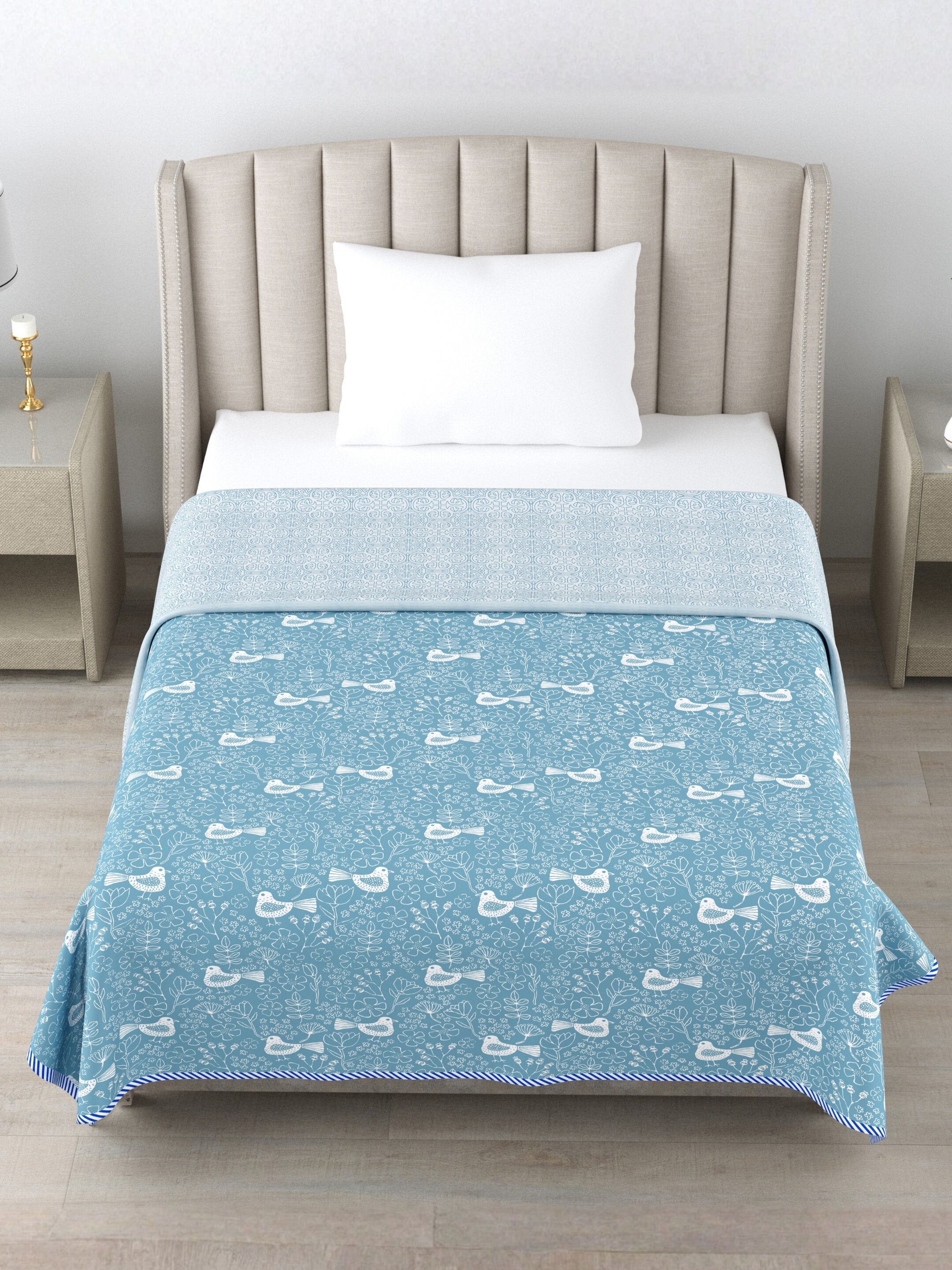 Living Roots Hand Block Bird Floral Printed | Single Bed Dohar Lightweight For Summer Mild Winters AC Reversible Soft Comforter | No Colour Bleeding, Blue Colour, 56*86 inches, 150TC (11-028-A)