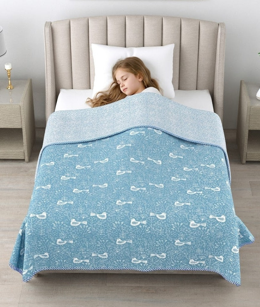 Living Roots Hand Block Bird Floral Printed | Single Bed Dohar Lightweight For Summer Mild Winters AC Reversible Soft Comforter | No Colour Bleeding, Blue Colour, 56*86 inches, 150TC (11-028-A)