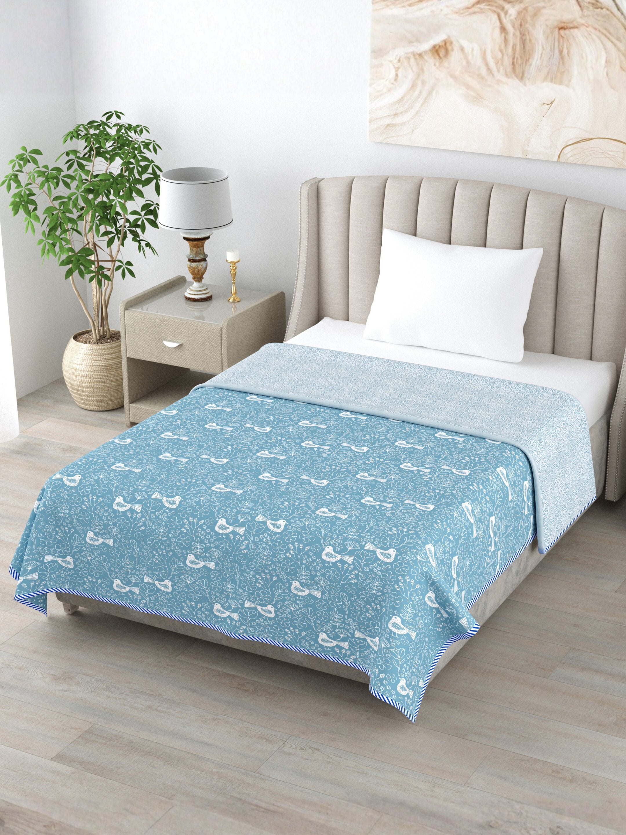 Living Roots Hand Block Bird Floral Printed | Single Bed Dohar Lightweight For Summer Mild Winters AC Reversible Soft Comforter | No Colour Bleeding, Blue Colour, 56*86 inches, 150TC (11-028-A)