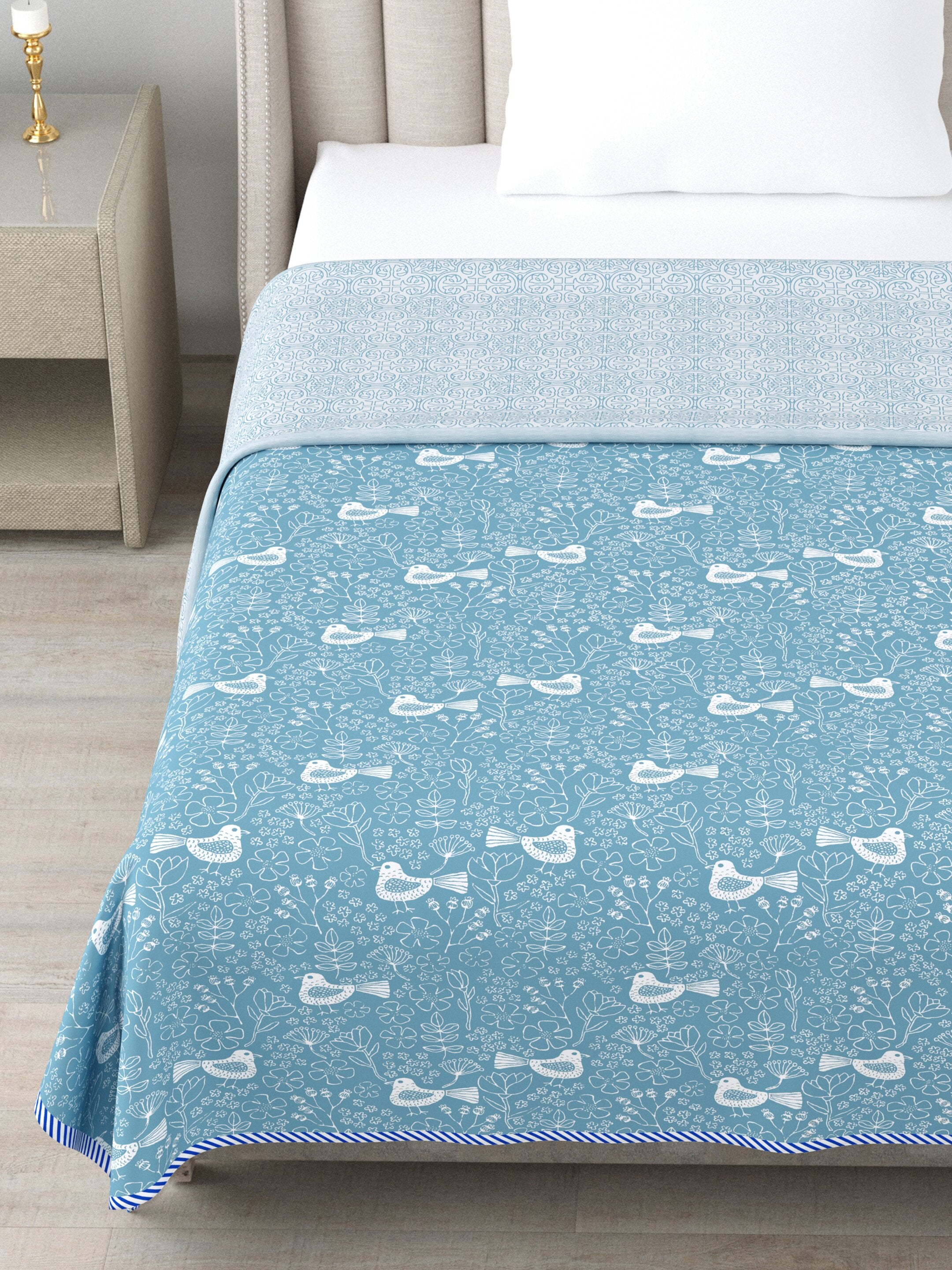 Living Roots Hand Block Bird Floral Printed | Single Bed Dohar Lightweight For Summer Mild Winters AC Reversible Soft Comforter | No Colour Bleeding, Blue Colour, 56*86 inches, 150TC (11-028-A)