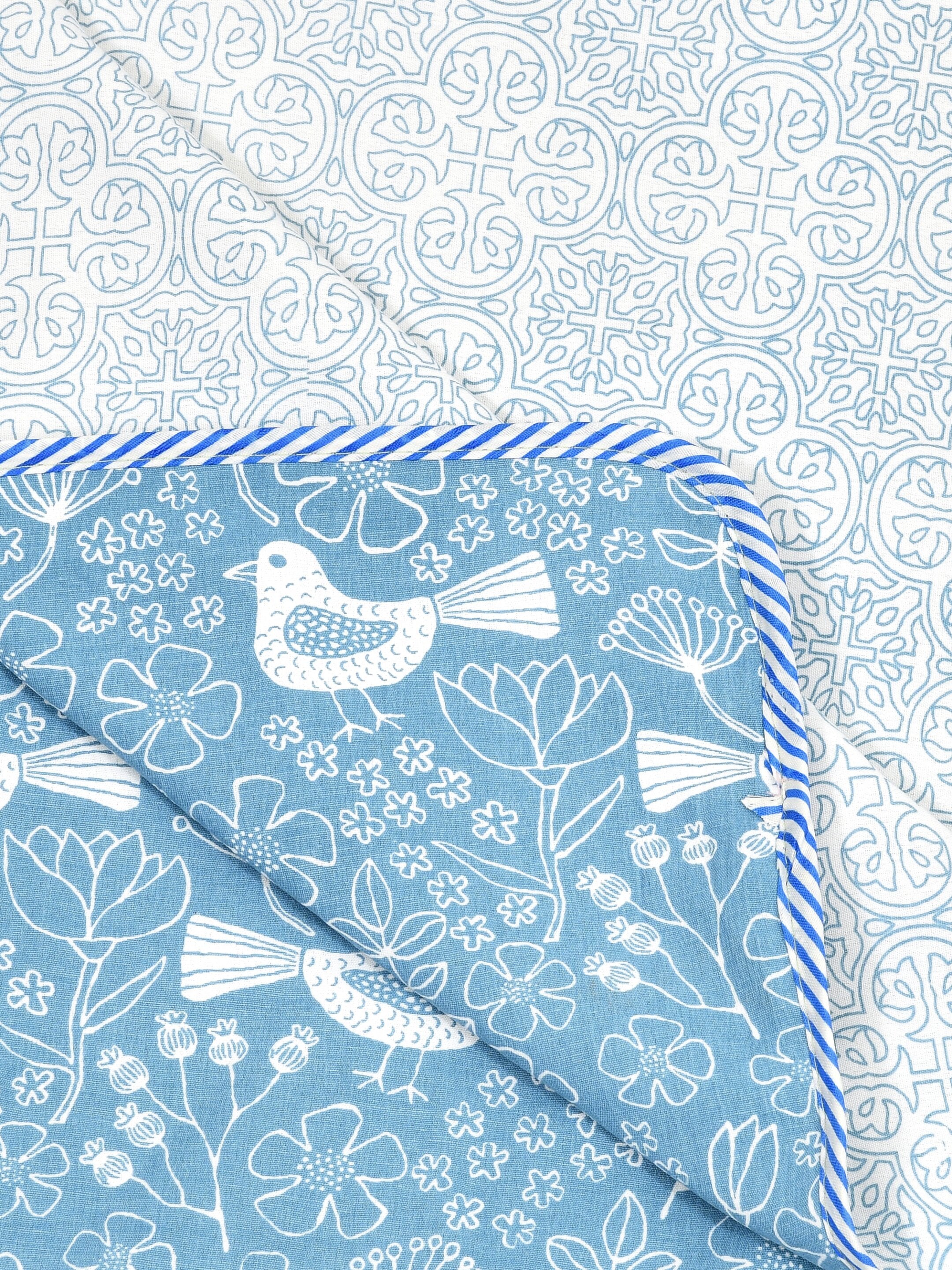 Living Roots Hand Block Bird Floral Printed | Single Bed Dohar Lightweight For Summer Mild Winters AC Reversible Soft Comforter | No Colour Bleeding, Blue Colour, 56*86 inches, 150TC (11-028-A)