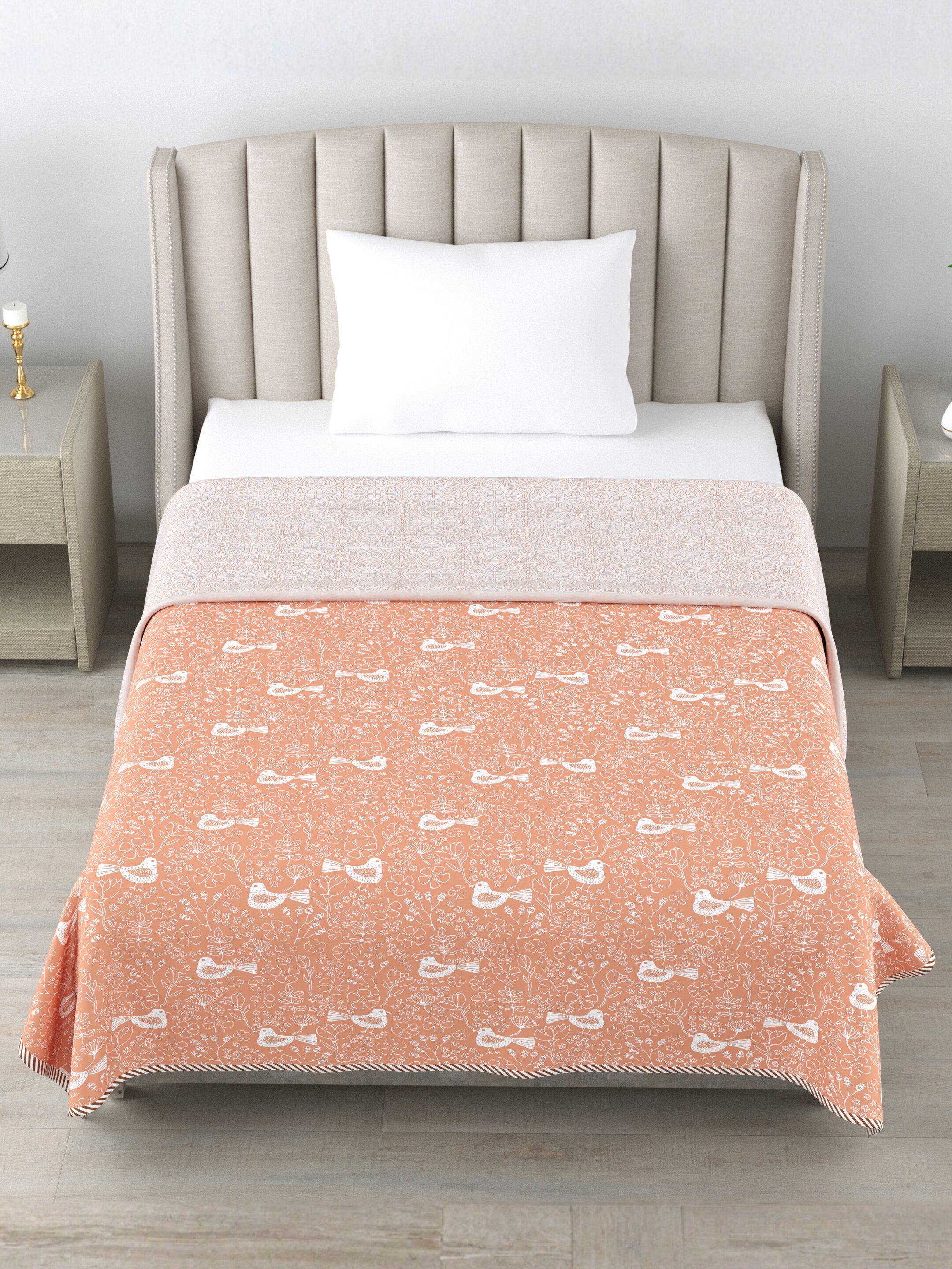 Living Roots Hand Block Bird Floral Printed | Single Bed Dohar Lightweight For Summer Mild Winters AC Reversible Soft Comforter | No Colour Bleeding, Coral Colour, 56*86 inches, 150TC (11-028-B)