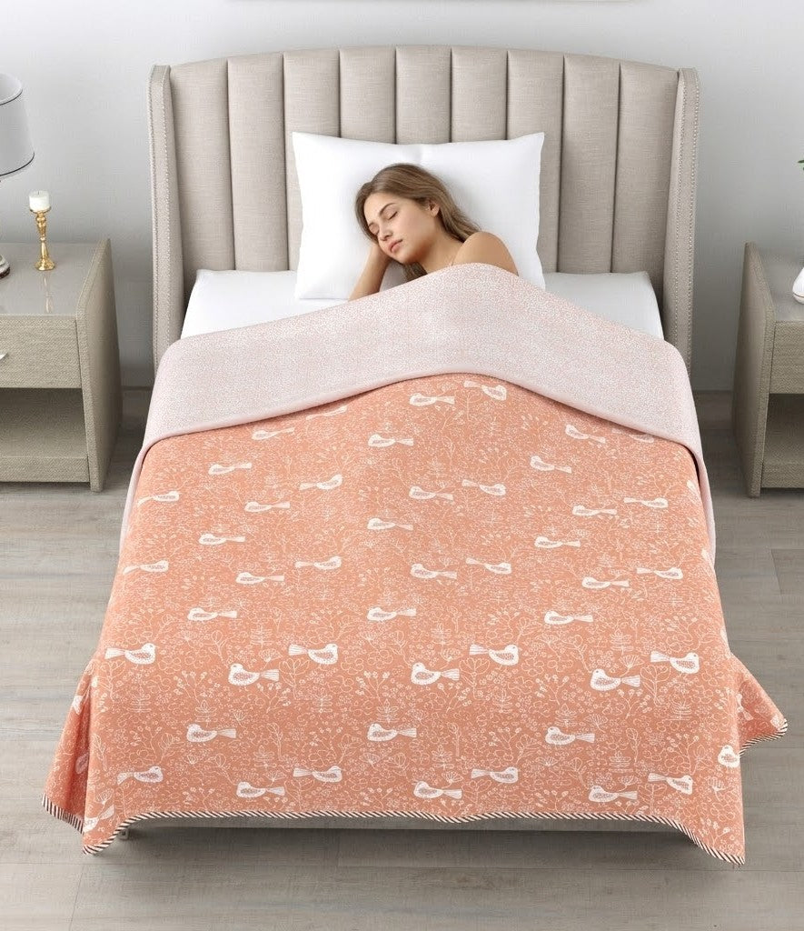 Living Roots Hand Block Bird Floral Printed | Single Bed Dohar Lightweight For Summer Mild Winters AC Reversible Soft Comforter | No Colour Bleeding, Coral Colour, 56*86 inches, 150TC (11-028-B)