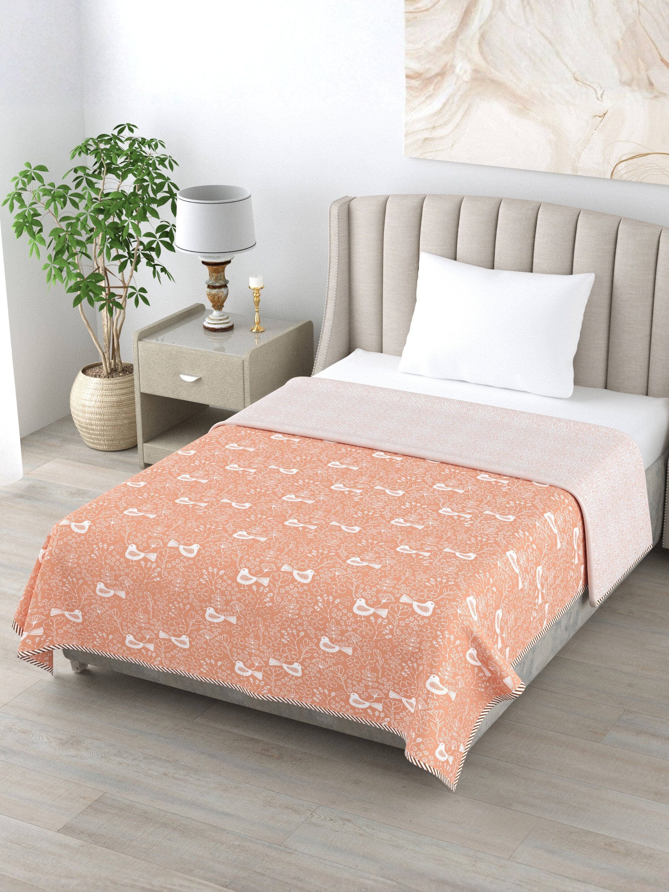 Living Roots Hand Block Bird Floral Printed | Single Bed Dohar Lightweight For Summer Mild Winters AC Reversible Soft Comforter | No Colour Bleeding, Coral Colour, 56*86 inches, 150TC (11-028-B)