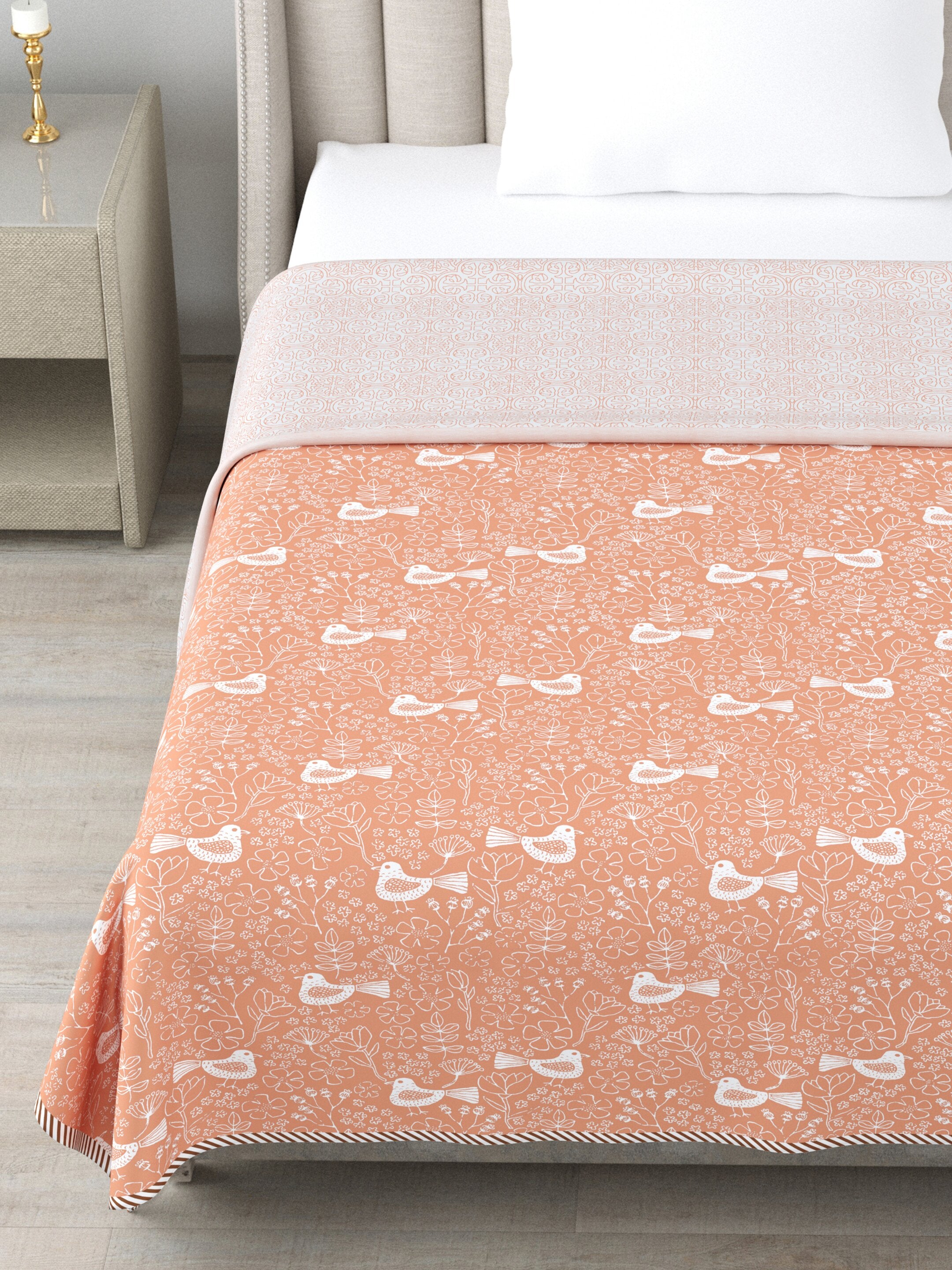 Living Roots Hand Block Bird Floral Printed | Single Bed Dohar Lightweight For Summer Mild Winters AC Reversible Soft Comforter | No Colour Bleeding, Coral Colour, 56*86 inches, 150TC (11-028-B)