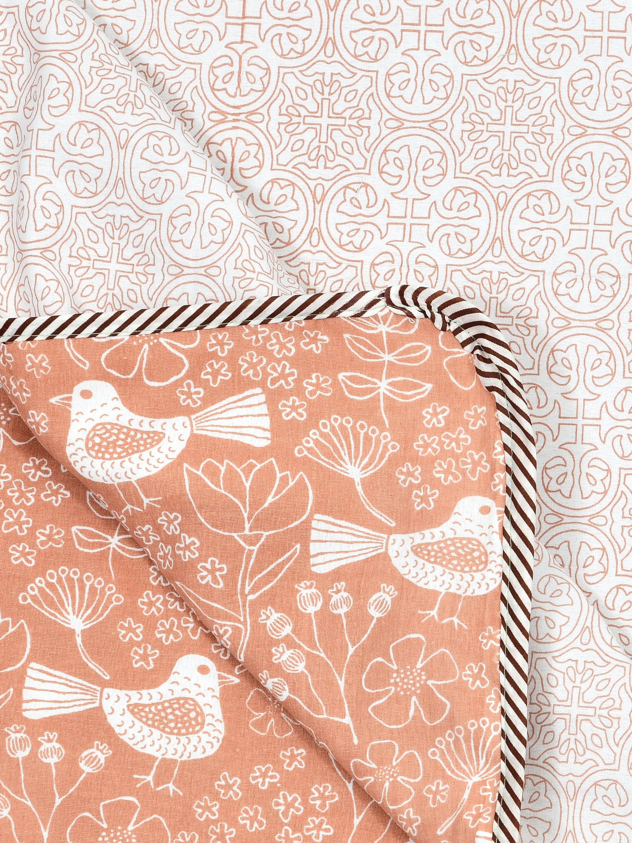 Living Roots Hand Block Bird Floral Printed | Single Bed Dohar Lightweight For Summer Mild Winters AC Reversible Soft Comforter | No Colour Bleeding, Coral Colour, 56*86 inches, 150TC (11-028-B)