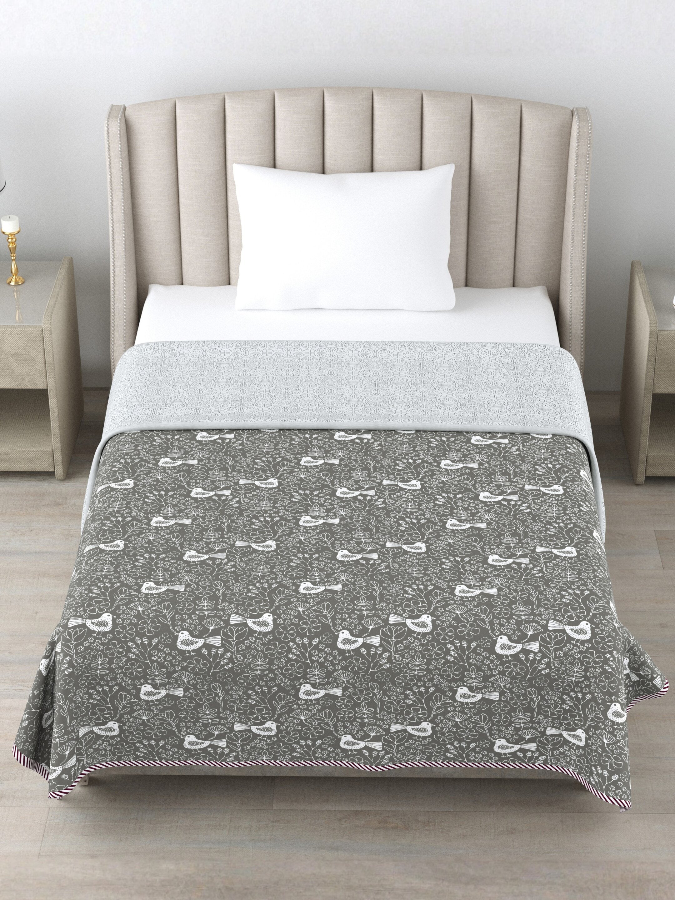 Living Roots Hand Block Bird Floral Printed | Single Bed Dohar Lightweight For Summer Mild Winters AC Reversible Soft Comforter | No Colour Bleeding, Grey Colour, 56*86 inches, 150TC (11-028-C)