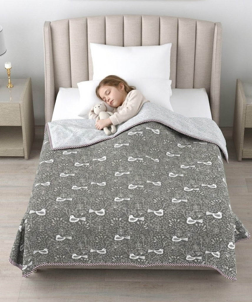 Living Roots Hand Block Bird Floral Printed | Single Bed Dohar Lightweight For Summer Mild Winters AC Reversible Soft Comforter | No Colour Bleeding, Grey Colour, 56*86 inches, 150TC (11-028-C)