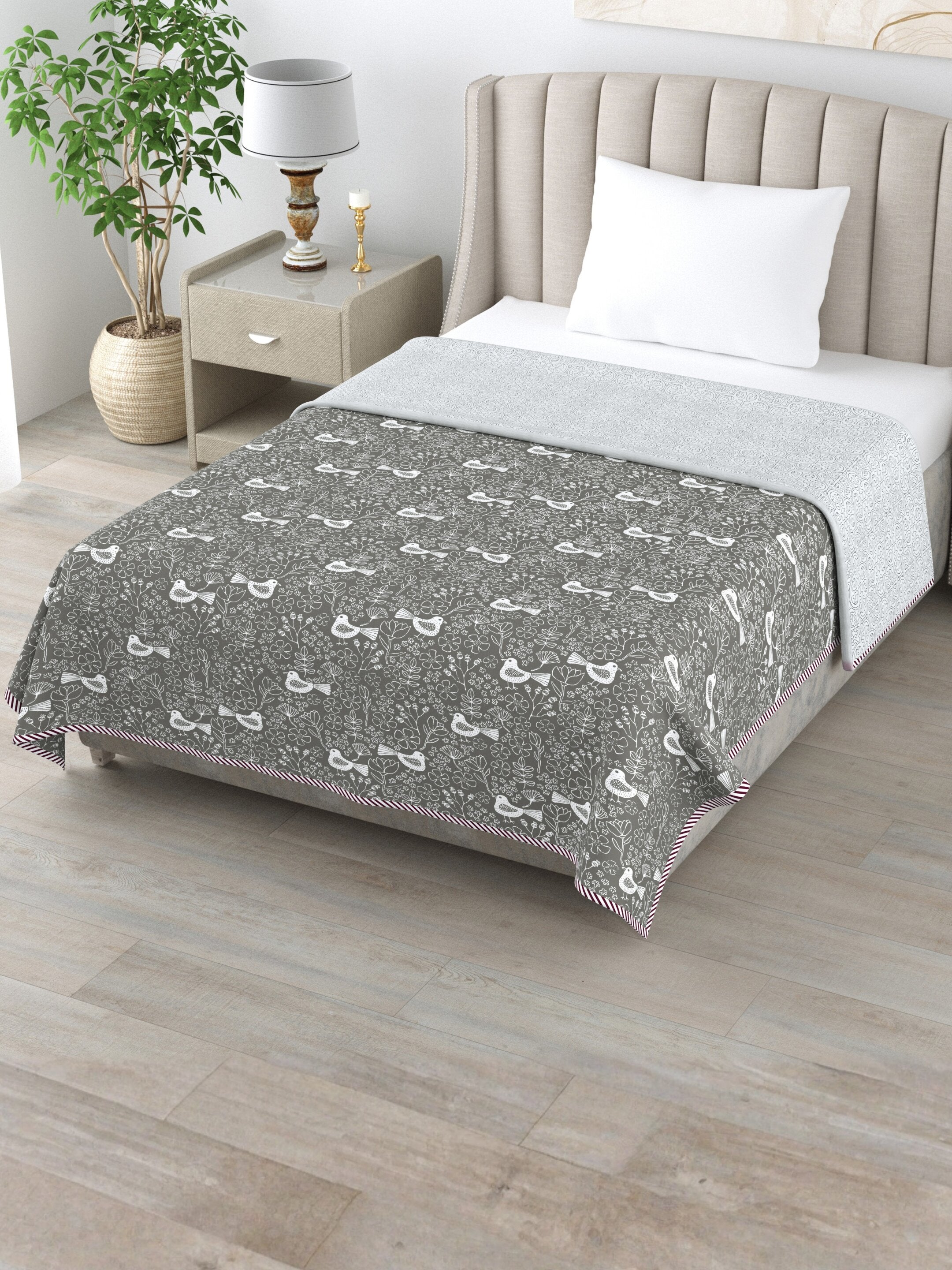 Living Roots Hand Block Bird Floral Printed | Single Bed Dohar Lightweight For Summer Mild Winters AC Reversible Soft Comforter | No Colour Bleeding, Grey Colour, 56*86 inches, 150TC (11-028-C)