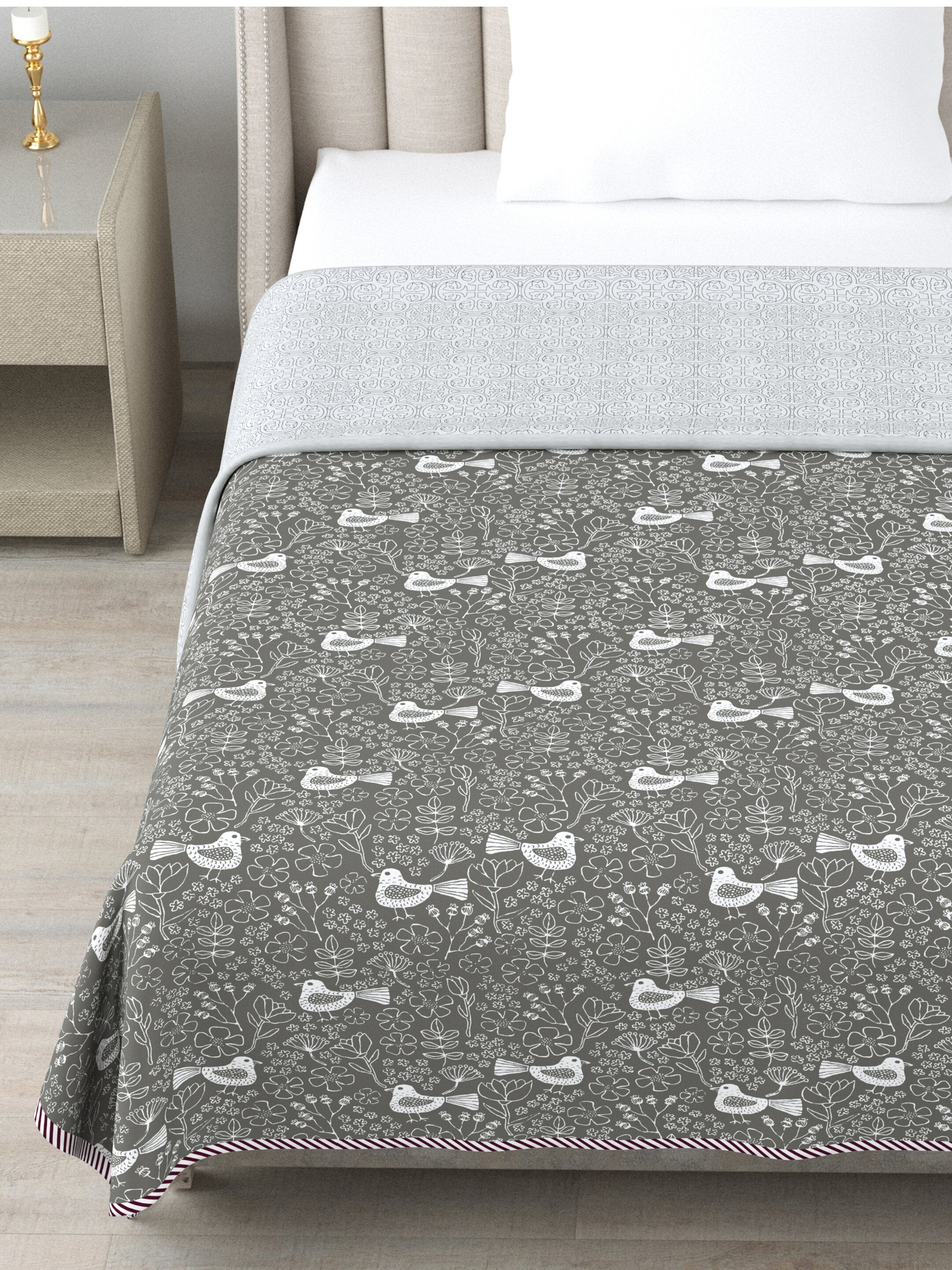 Living Roots Hand Block Bird Floral Printed | Single Bed Dohar Lightweight For Summer Mild Winters AC Reversible Soft Comforter | No Colour Bleeding, Grey Colour, 56*86 inches, 150TC (11-028-C)