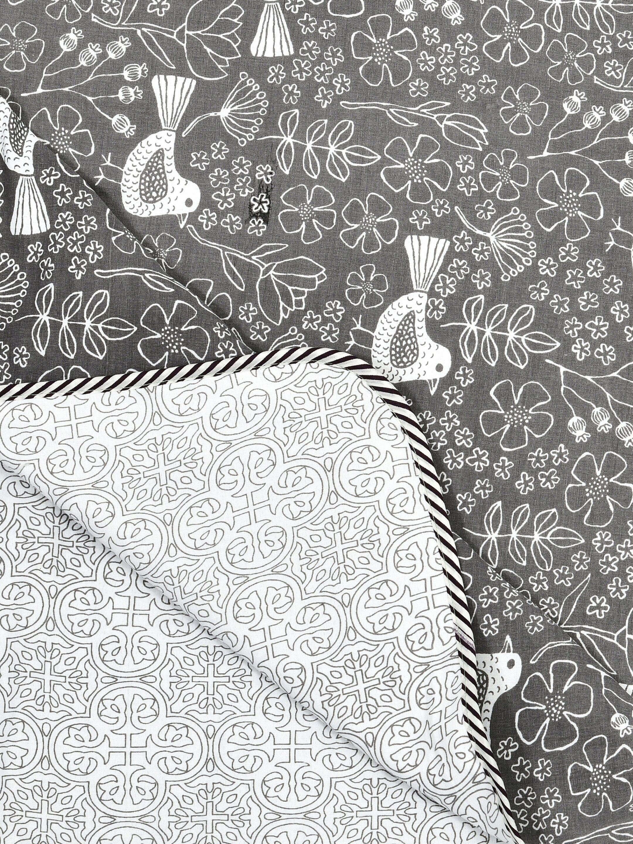 Living Roots Hand Block Bird Floral Printed | Single Bed Dohar Lightweight For Summer Mild Winters AC Reversible Soft Comforter | No Colour Bleeding, Grey Colour, 56*86 inches, 150TC (11-028-C)