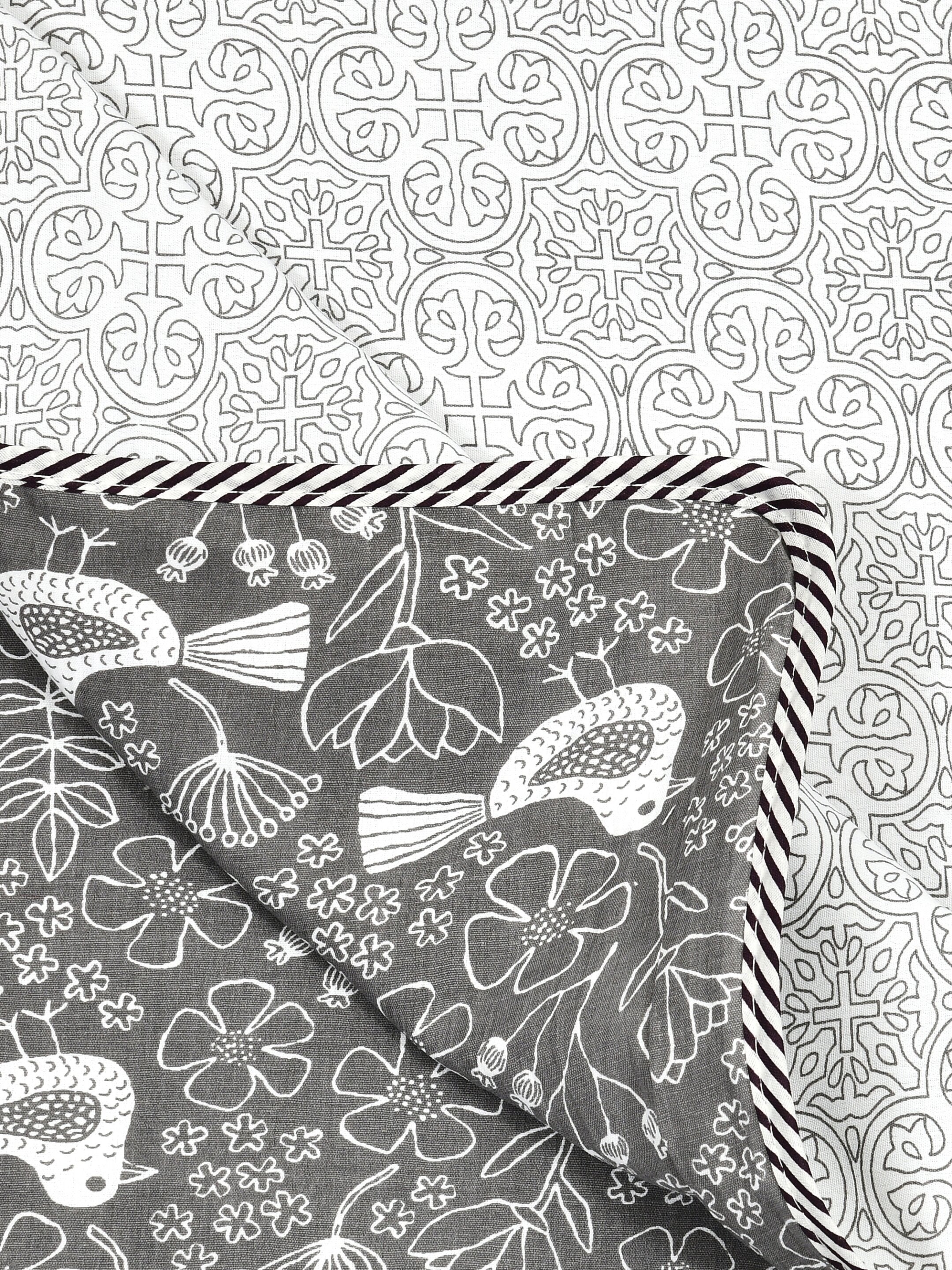 Living Roots Hand Block Bird Floral Printed | Single Bed Dohar Lightweight For Summer Mild Winters AC Reversible Soft Comforter | No Colour Bleeding, Grey Colour, 56*86 inches, 150TC (11-028-C)