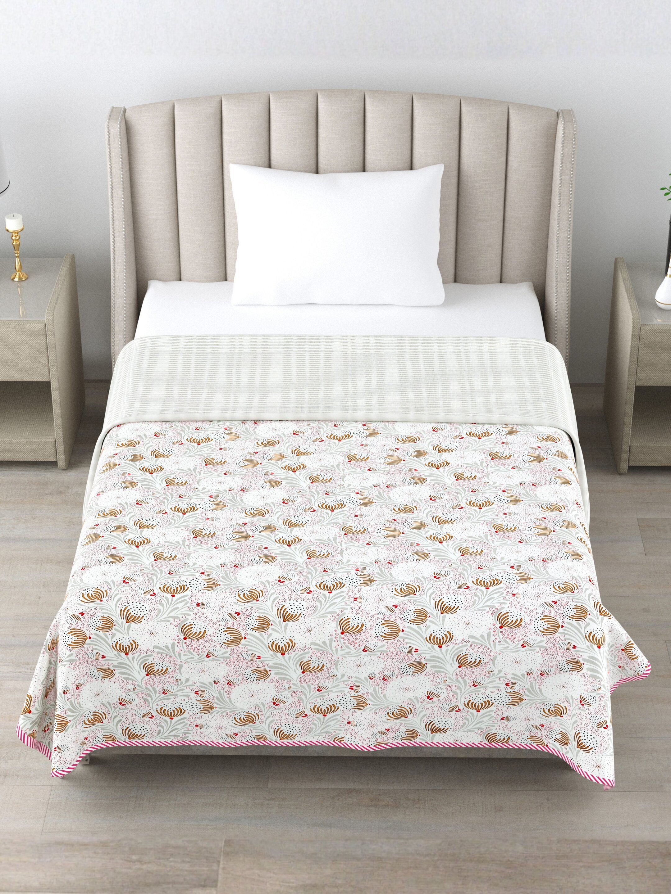 Living Roots Hand Block Floral Printed | Single Bed Dohar Lightweight For Summer Mild Winters AC Reversible Soft Comforter | No Colour Bleeding, Mustard Colour, 56*86 inches, 150TC (11-029-A)
