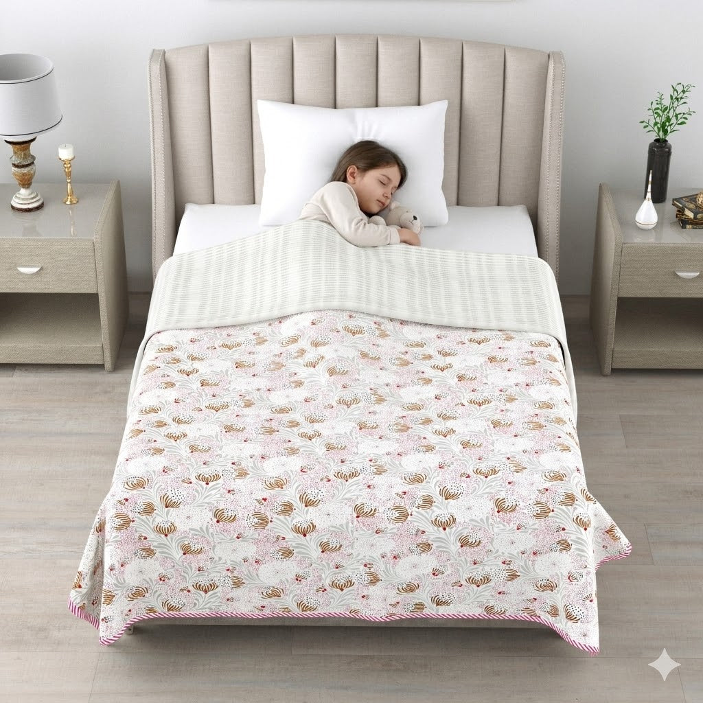 Living Roots Hand Block Floral Printed | Single Bed Dohar Lightweight For Summer Mild Winters AC Reversible Soft Comforter | No Colour Bleeding, Mustard Colour, 56*86 inches, 150TC (11-029-A)