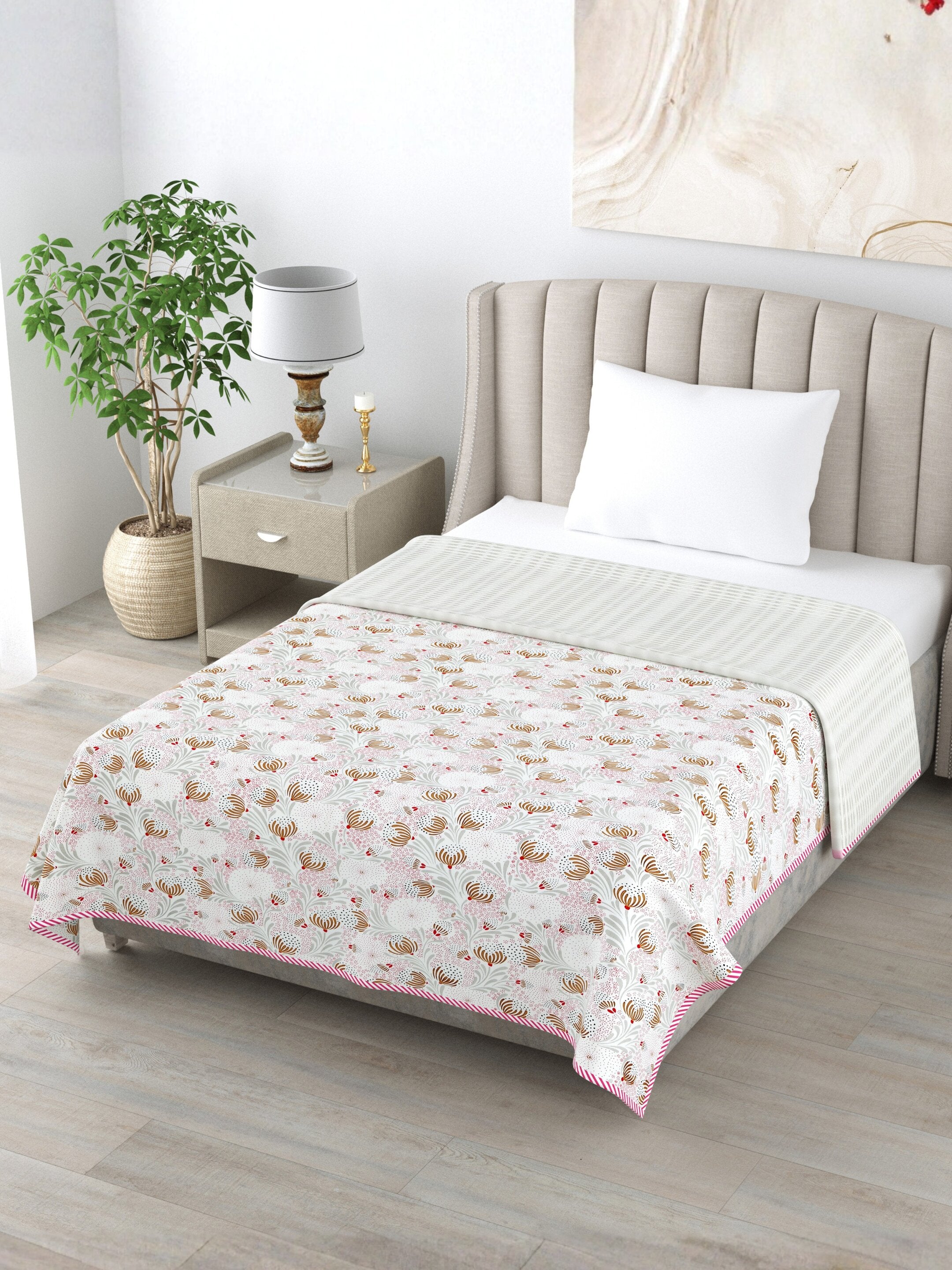 Living Roots Hand Block Floral Printed | Single Bed Dohar Lightweight For Summer Mild Winters AC Reversible Soft Comforter | No Colour Bleeding, Mustard Colour, 56*86 inches, 150TC (11-029-A)