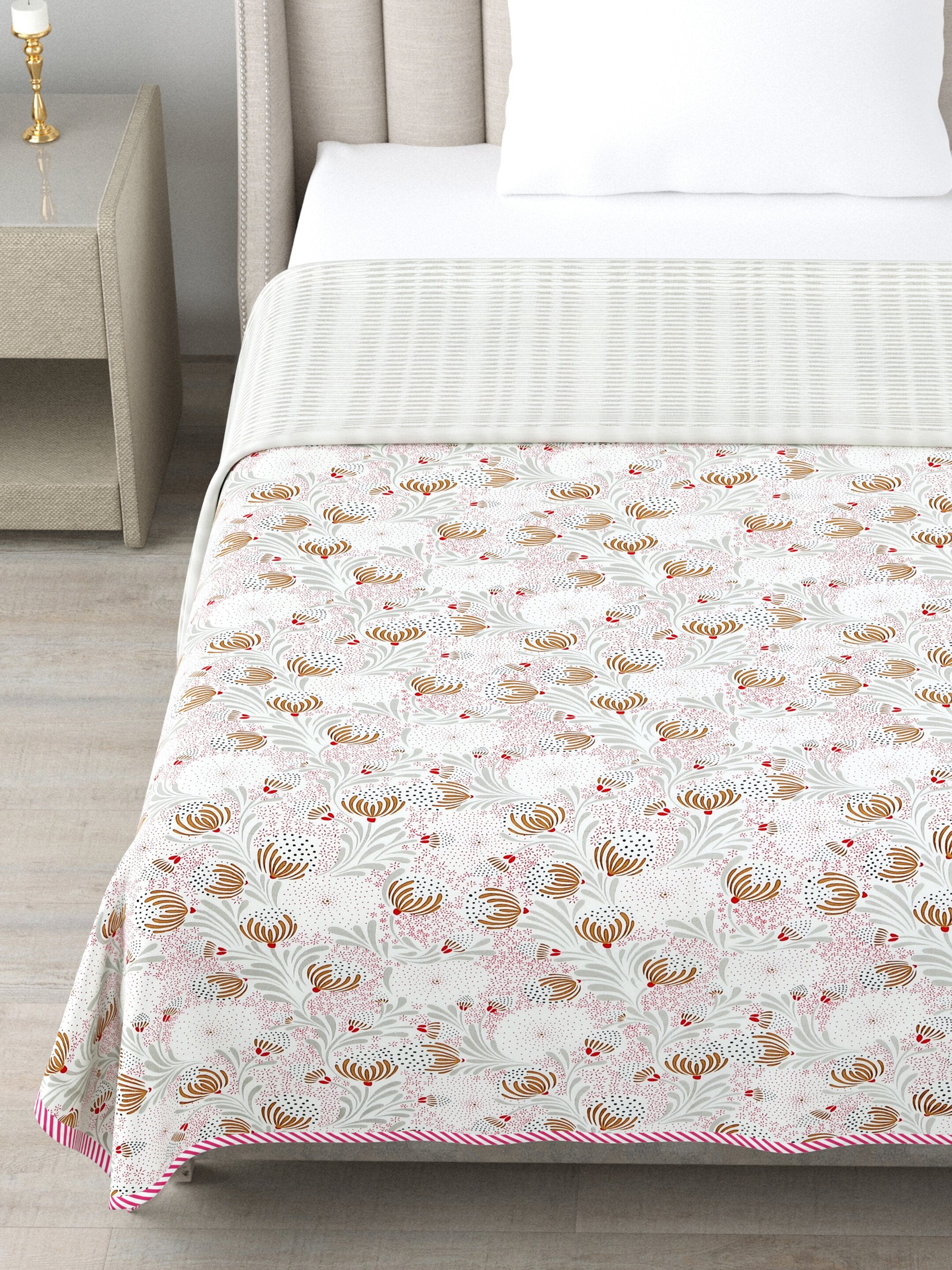 Living Roots Hand Block Floral Printed | Single Bed Dohar Lightweight For Summer Mild Winters AC Reversible Soft Comforter | No Colour Bleeding, Mustard Colour, 56*86 inches, 150TC (11-029-A)