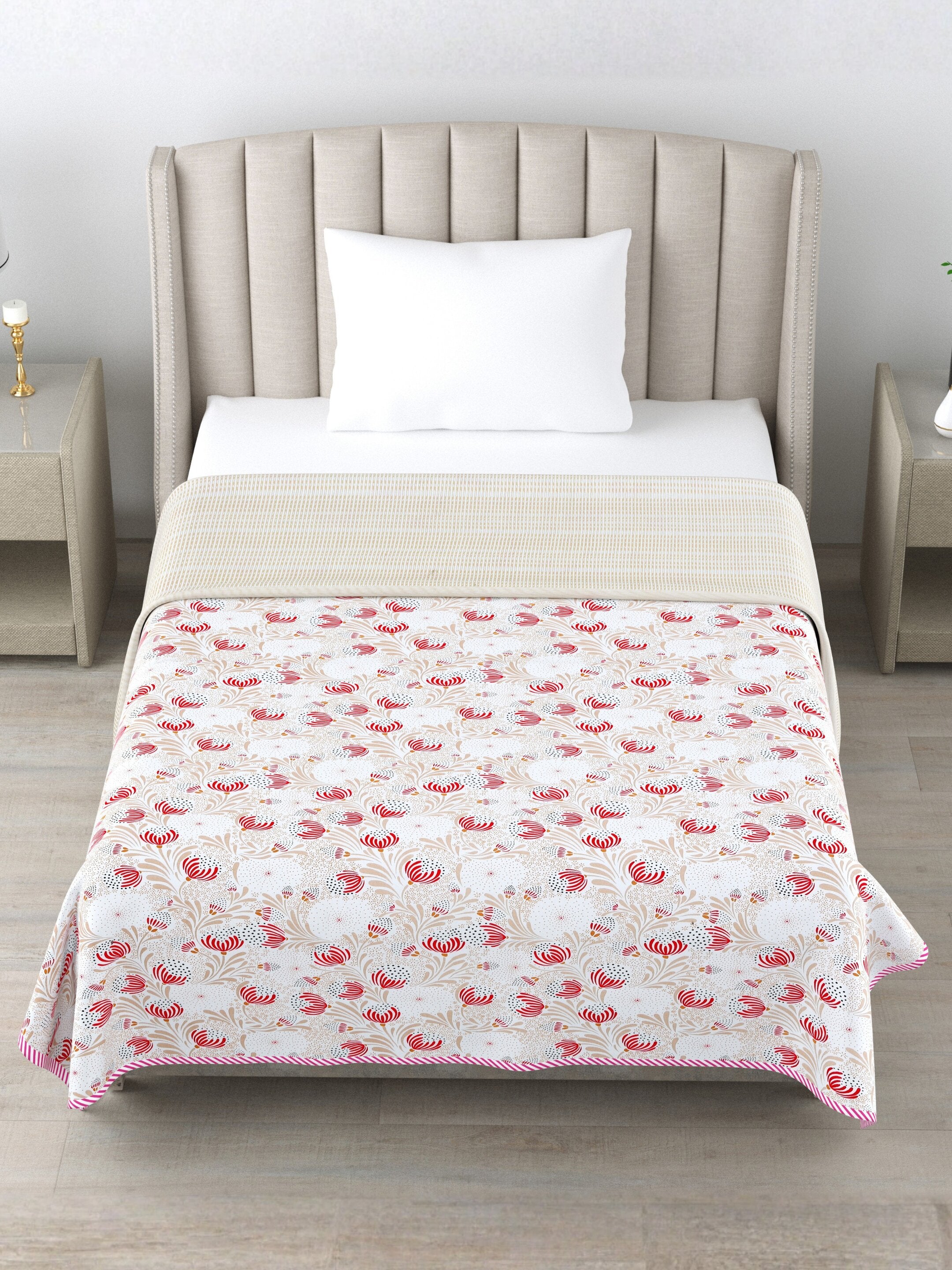 Living Roots Hand Block Floral Printed | Single Bed Dohar Lightweight For Summer Mild Winters AC Reversible Soft Comforter | No Colour Bleeding, Red Colour, 56*86 inches, 150TC (11-029-B)